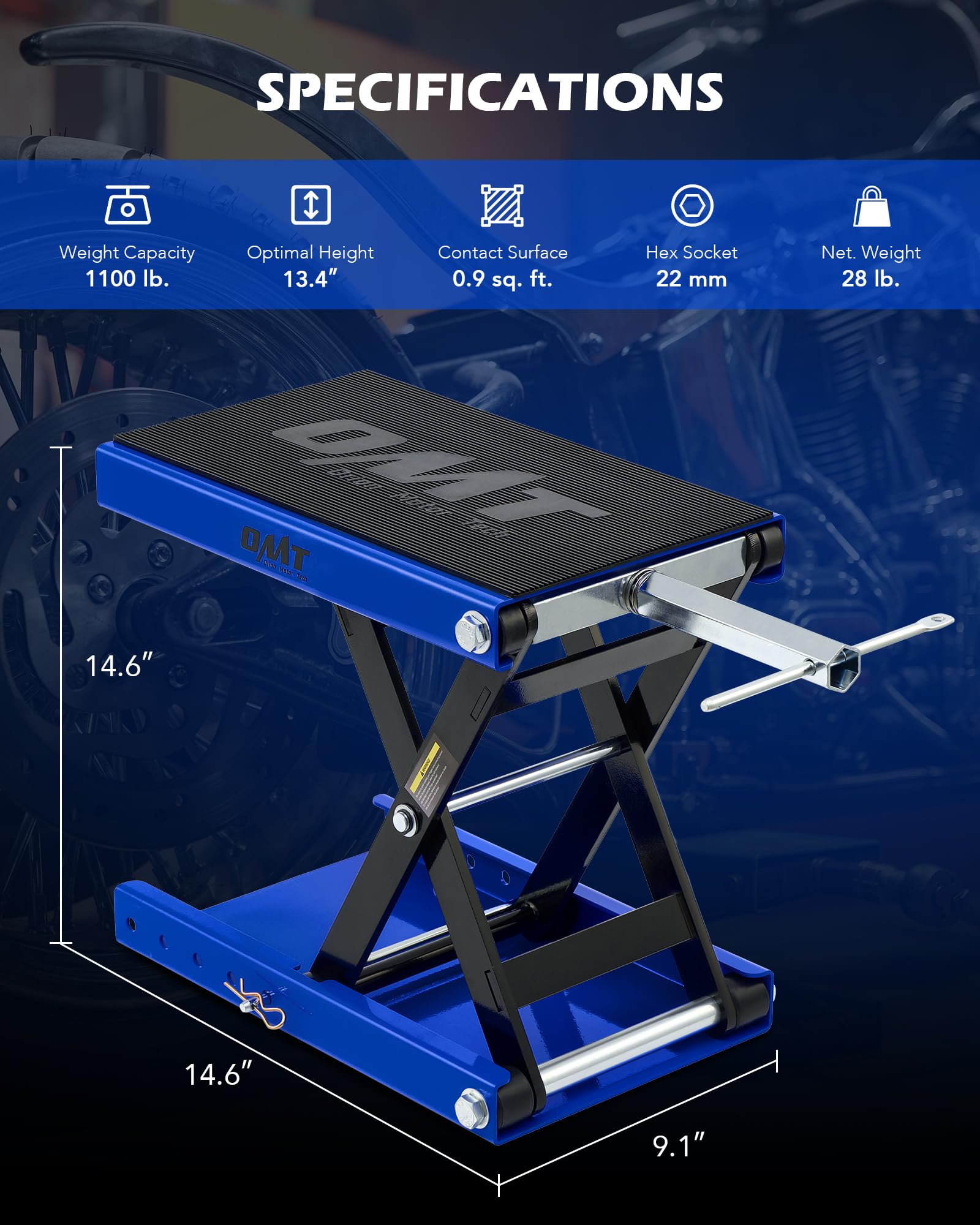 OMT Motorcycle Lift, 4-13 Inch Motorcycle Scissor Jack, 1100lb Capacity Wide Deck Motorcycle Center Stand and 1/2 Ton Scissor Li