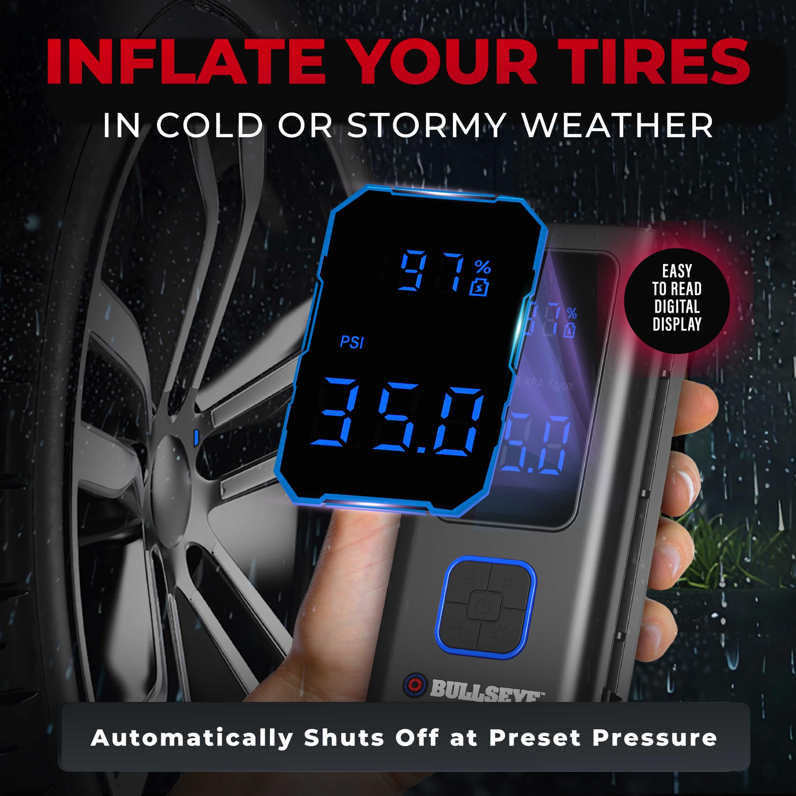 Pocket Air Tire Inflator Portable Air Compressor By Bullseye Pro For Tires, Balls, Bike With Persta Valve, Auto Shut Off, Inflat