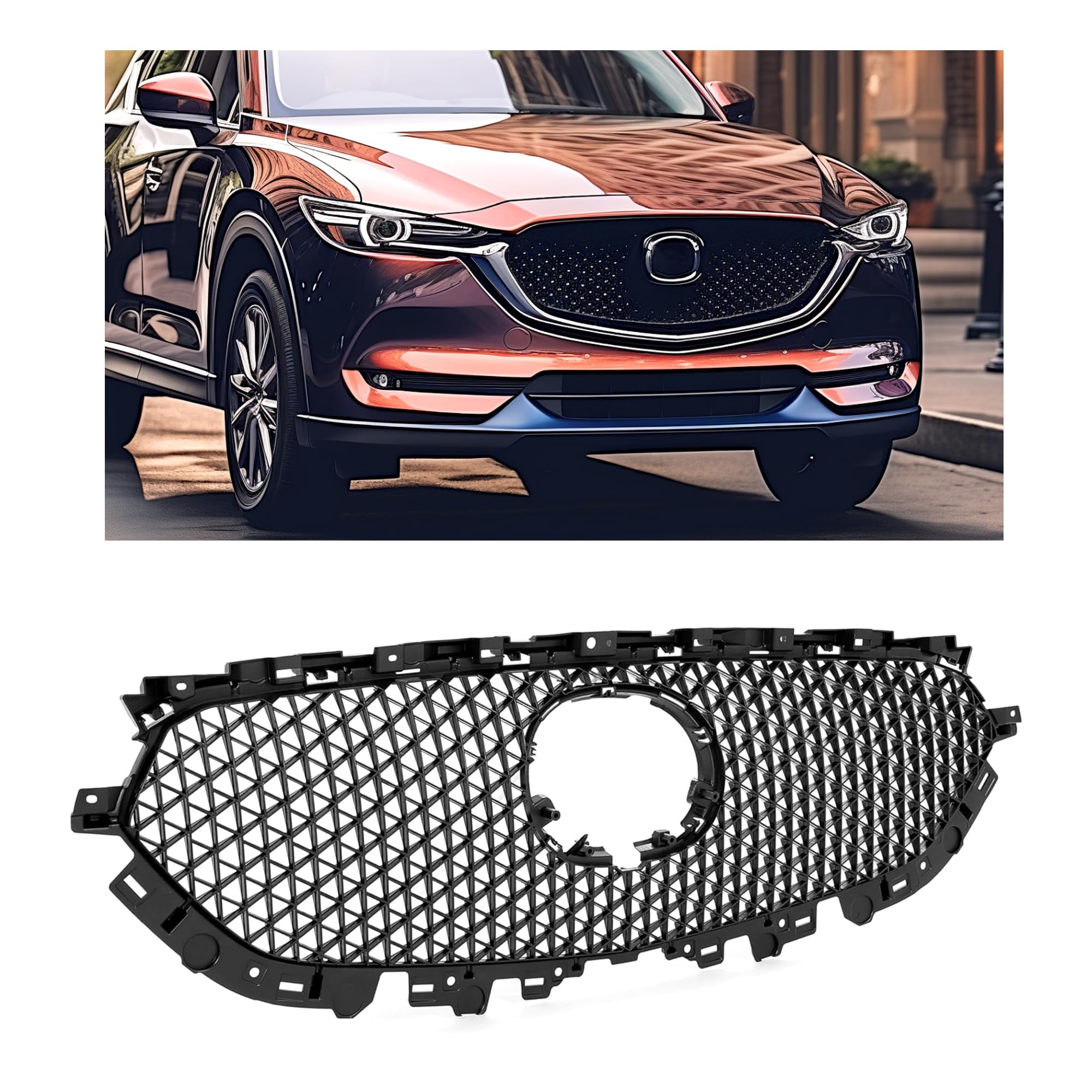 HECASA Front Grille Mesh Compatible with 2017-2021 Mazda CX-5 CX5 Bumper Grill Mesh Assembly Grille PP Plastic Black Replacemant
