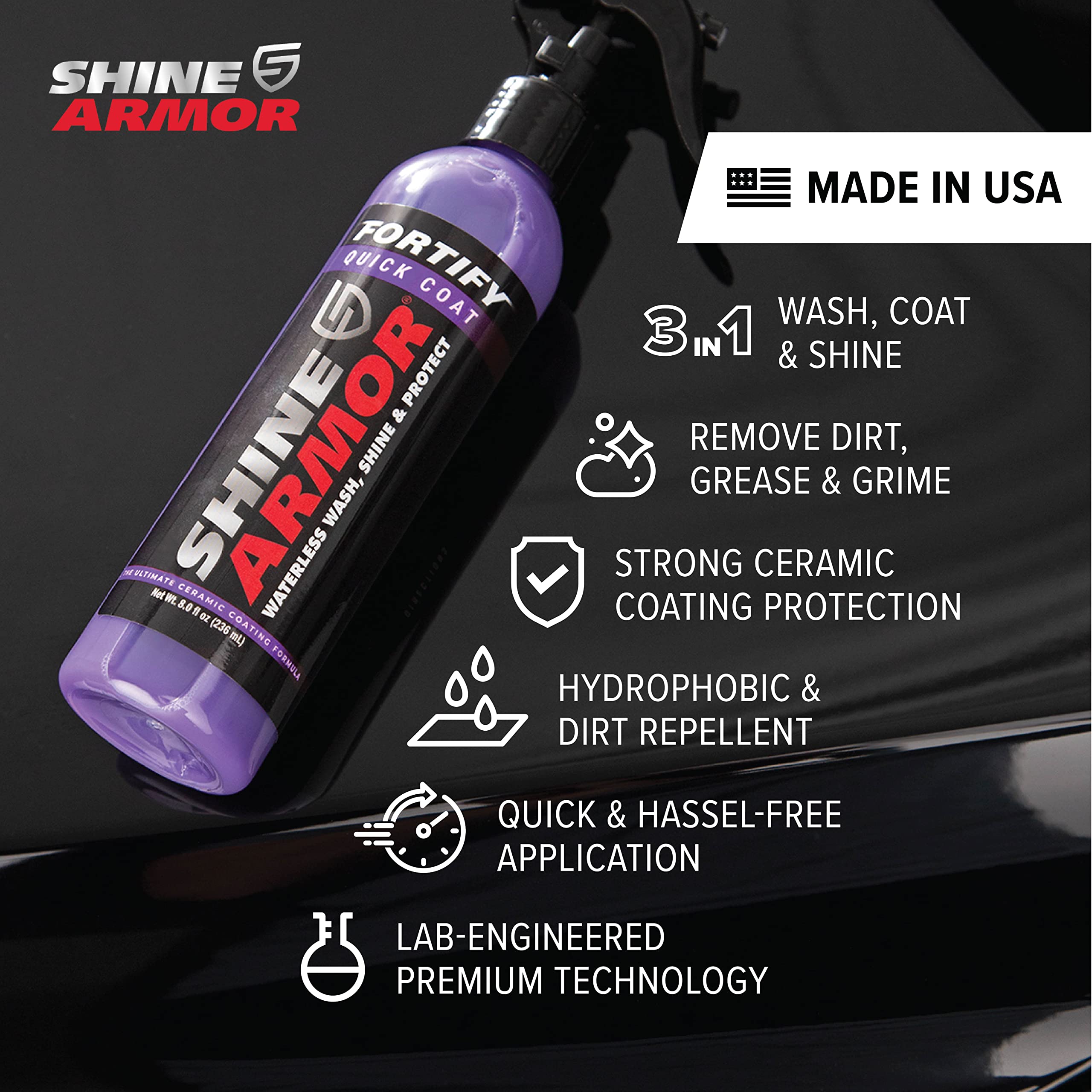 Shine Armor Ceramic Coating Fortify Quick Coat Car Wax Polish Spray Waterless Wash & Wax Hydrophobic Top Coat Polish & Polymer Paint Sealant Detail Protection 8 Fl Oz