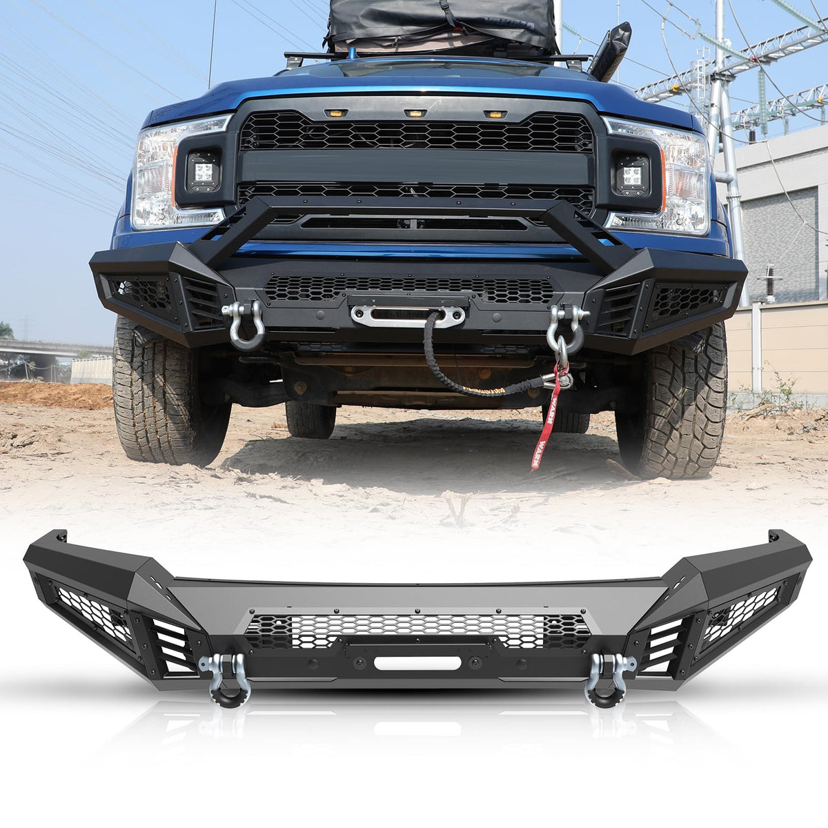 Hawkley F150 Full Width Steel Front Bumper For Ford F-150 2018 2019 2020 Pickup Trucks (Excluding Raptor), Offroad Front Bumper With Led Lights & D-Rings For Ford F150 2018-2020