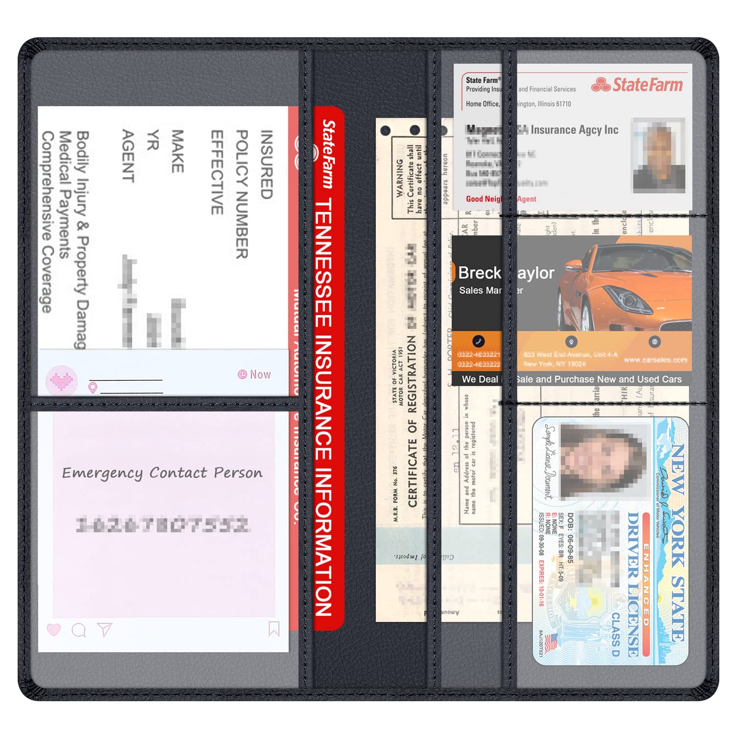 Techion PU Leather Car Insurance and Registration Holder, 9.5x5 Inch Glove Box Organizer Wallet Case - Black