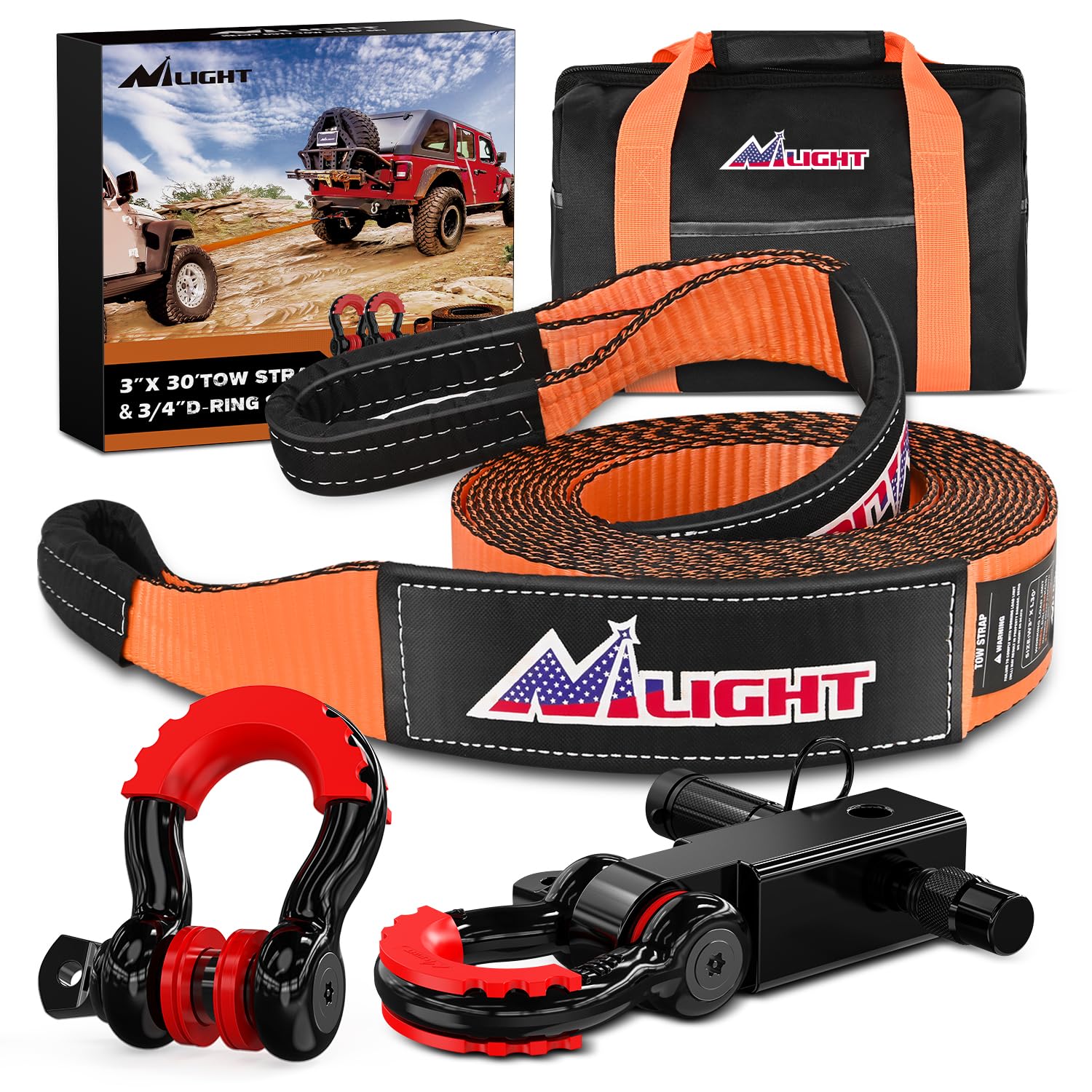 Nilight 3'' x 30' Recovery Tow Strap Kit with 2'' Hitch Receiver and 3/4'' Anti-Theft D-Ring Shackles Storage Bag Heavy Duty Tow