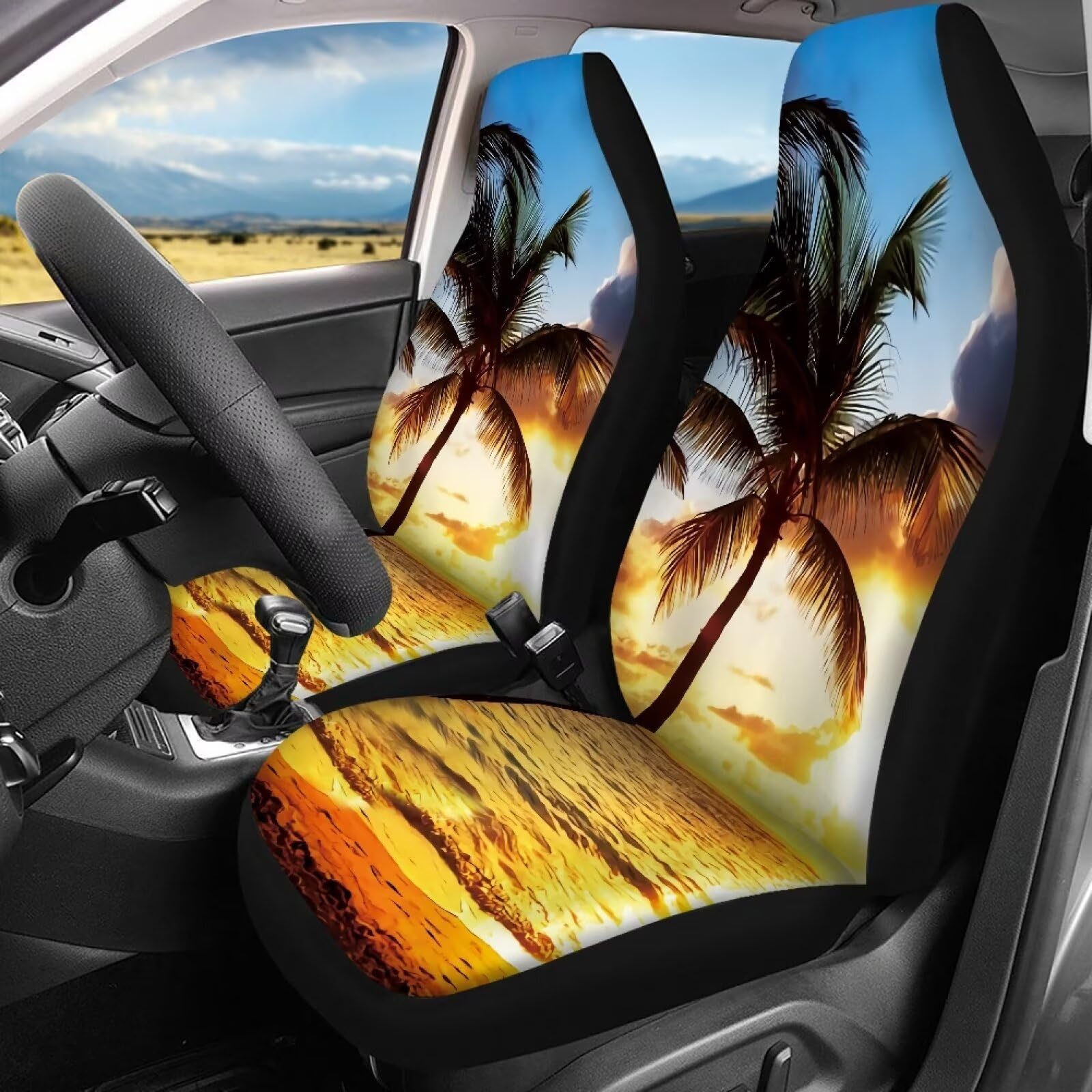 Wanyint Hawaiian Palm Tree Gold Blue Car Seat Covers Universal Fit Car Front Seat Protector + Back Bench Cover Full Set of 4, Ea