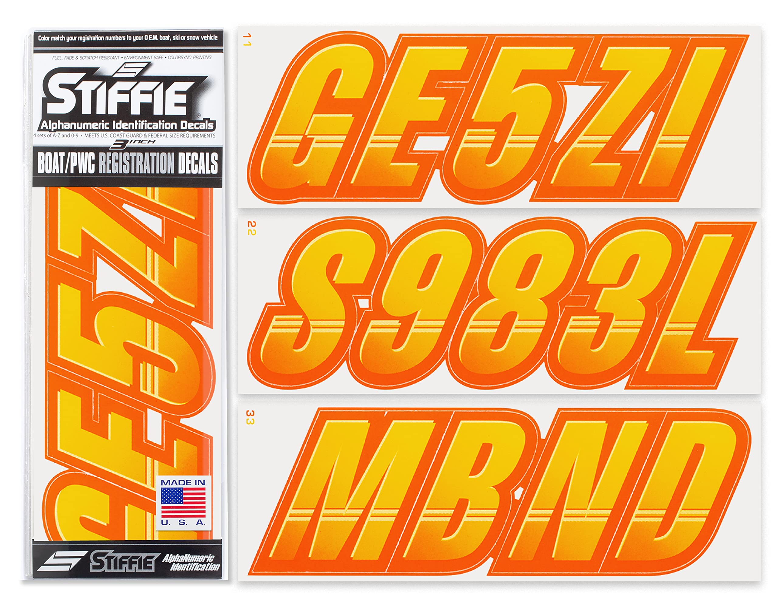 Stiffie Techtron Yellow/Orange 3 '' Boat & Pwc Registration Decals  Numbers Letters Stickers