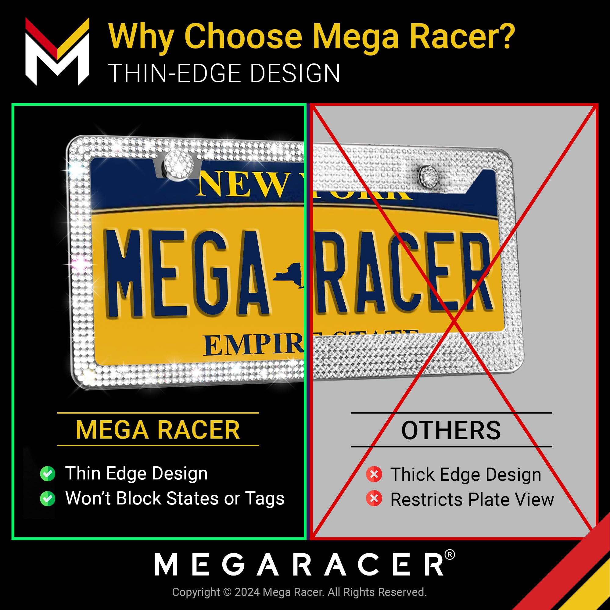 Mega Racer Bling License Plate Frames 2 Pack | Rhinestone Stainless Steel | Fits Car, Truck, SUV, Van | Sparkly Bling 2Pc