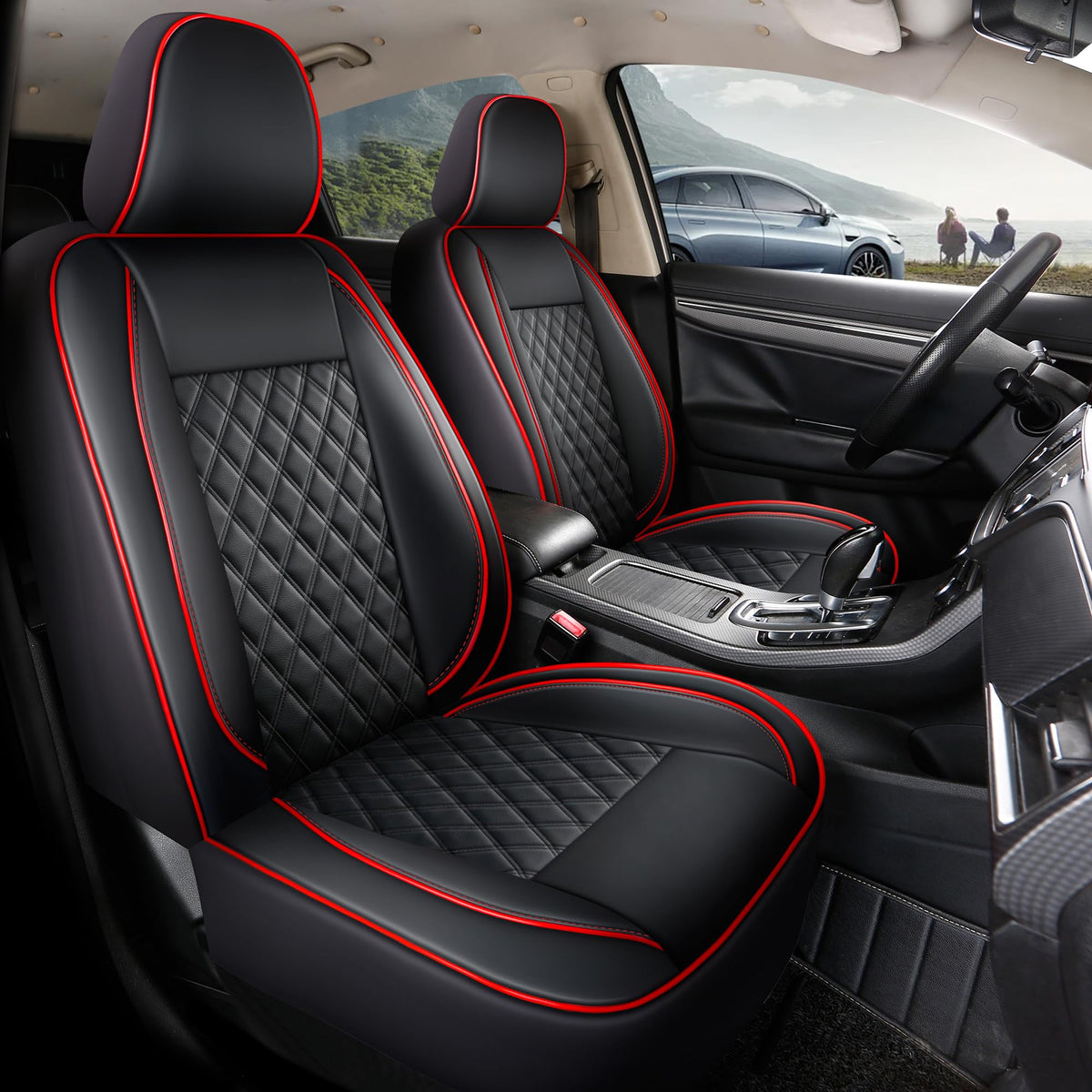 GIANT PANDA Full Set Piping Leather Seat Cover for Nissan, Rogue Kicks Frontier Murano, Custom Fit Seat Protectors (Red 5-Seat)