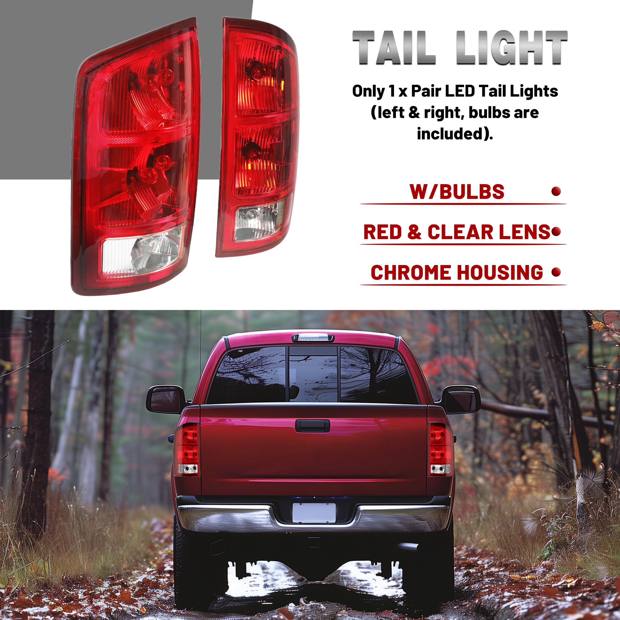 Hecasa Tail Lights Assembly W/Bulb Compatible With 2002-2006 Dodge Ram 1500/2003-2006 Dodge Ram 2500 3500 Pickup Taillight Brake