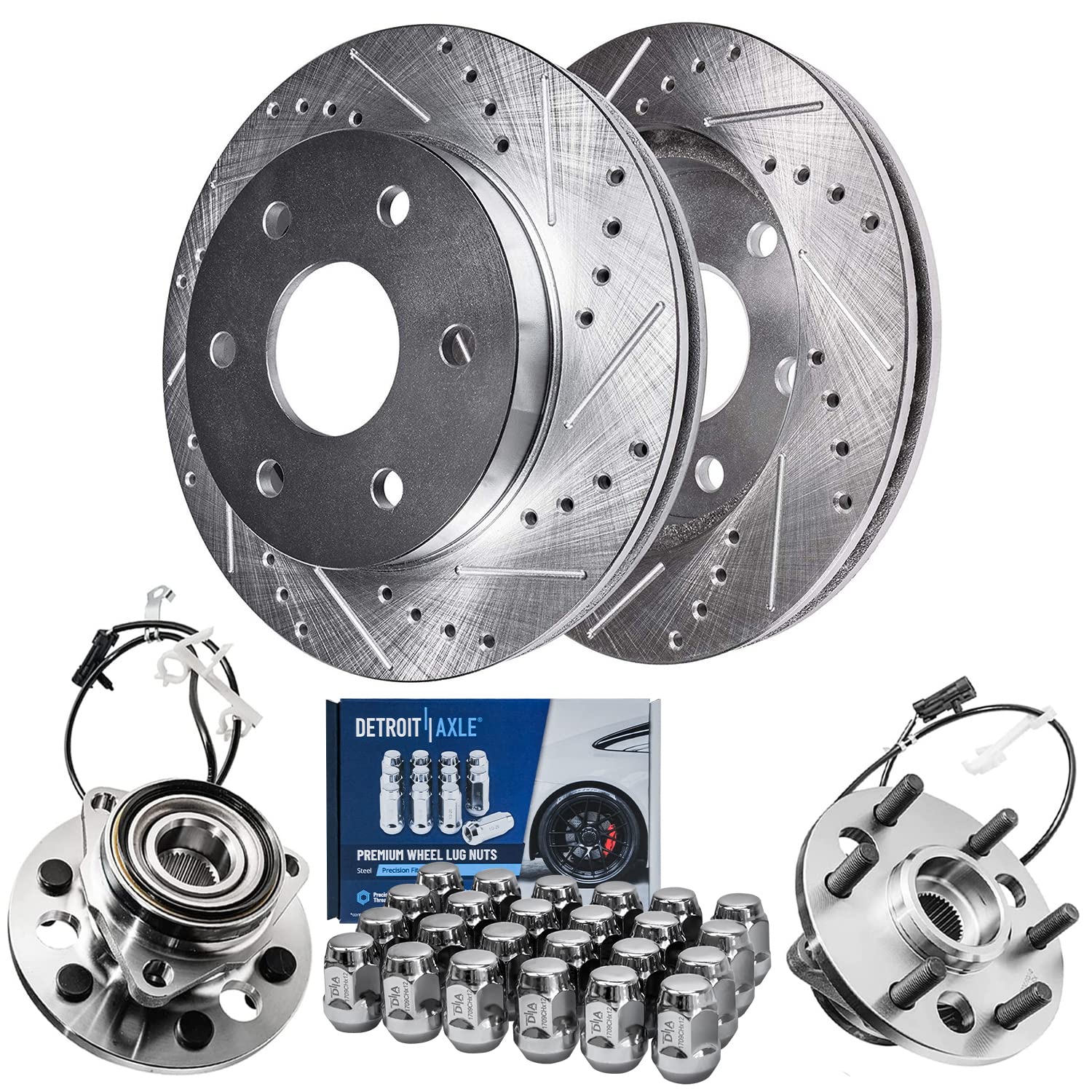Detroit Axle - 4WD Front Drilled Brake Rotors Wheel Hubs + 24pc Wheel Lug Nuts Replacement for Chevy GMC K1500 K2500 Escalade Ta