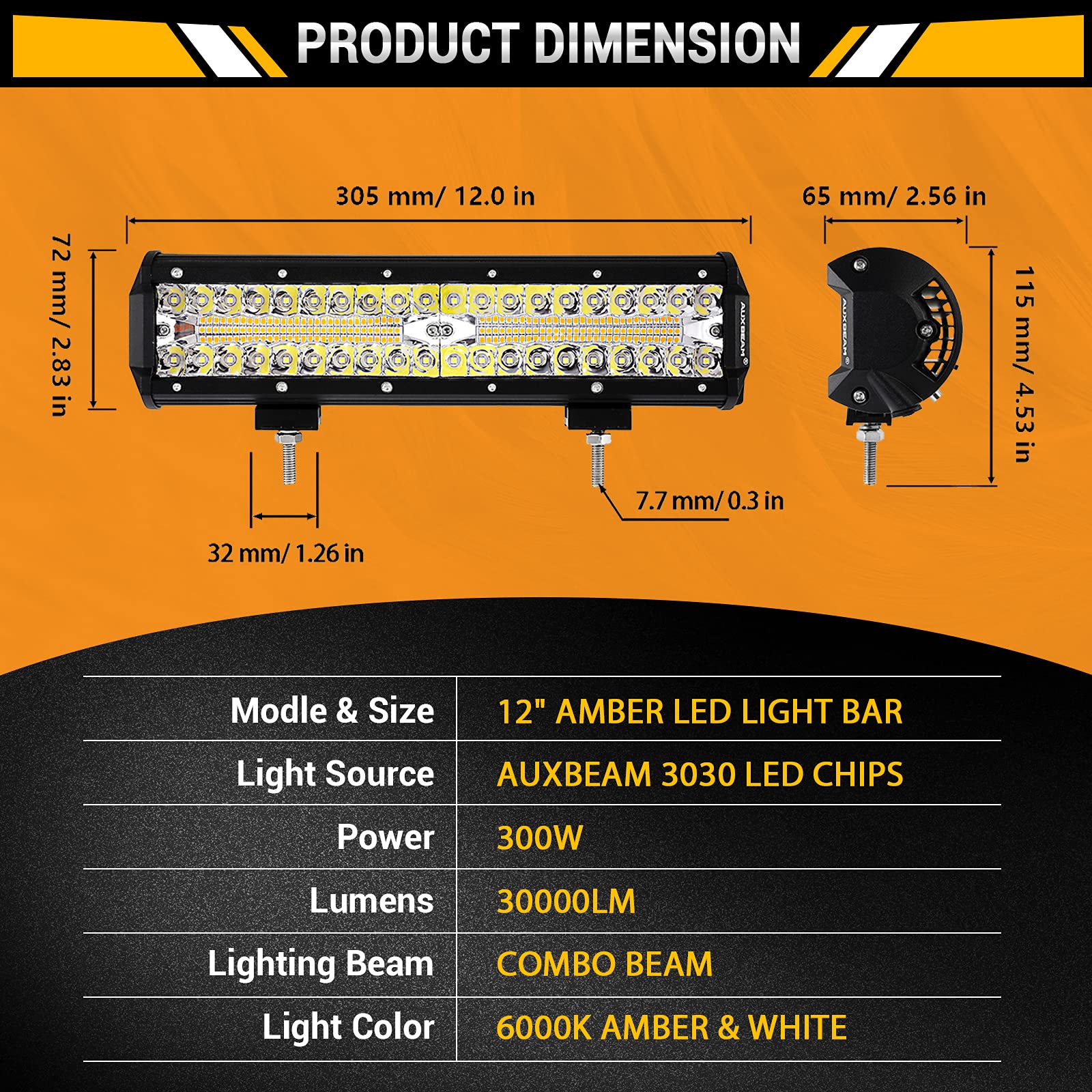 Auxbeam 12 Inch Led Light Bar 300W 6 Modes Amber White Strobe Light, Off-Road Driving Light Spot Flood Combo Work Light With 16A