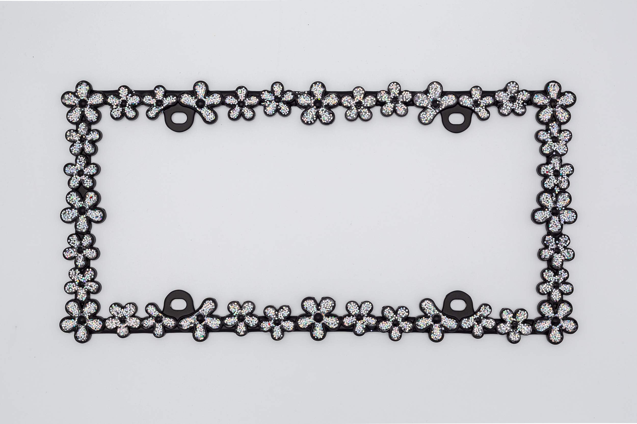 Creathome 3D Shining Daisy Wrenth License Plate Frame From Pure Zinc Alloy Metal Perfect Plate Holder ,Matt Black With Silver Gl