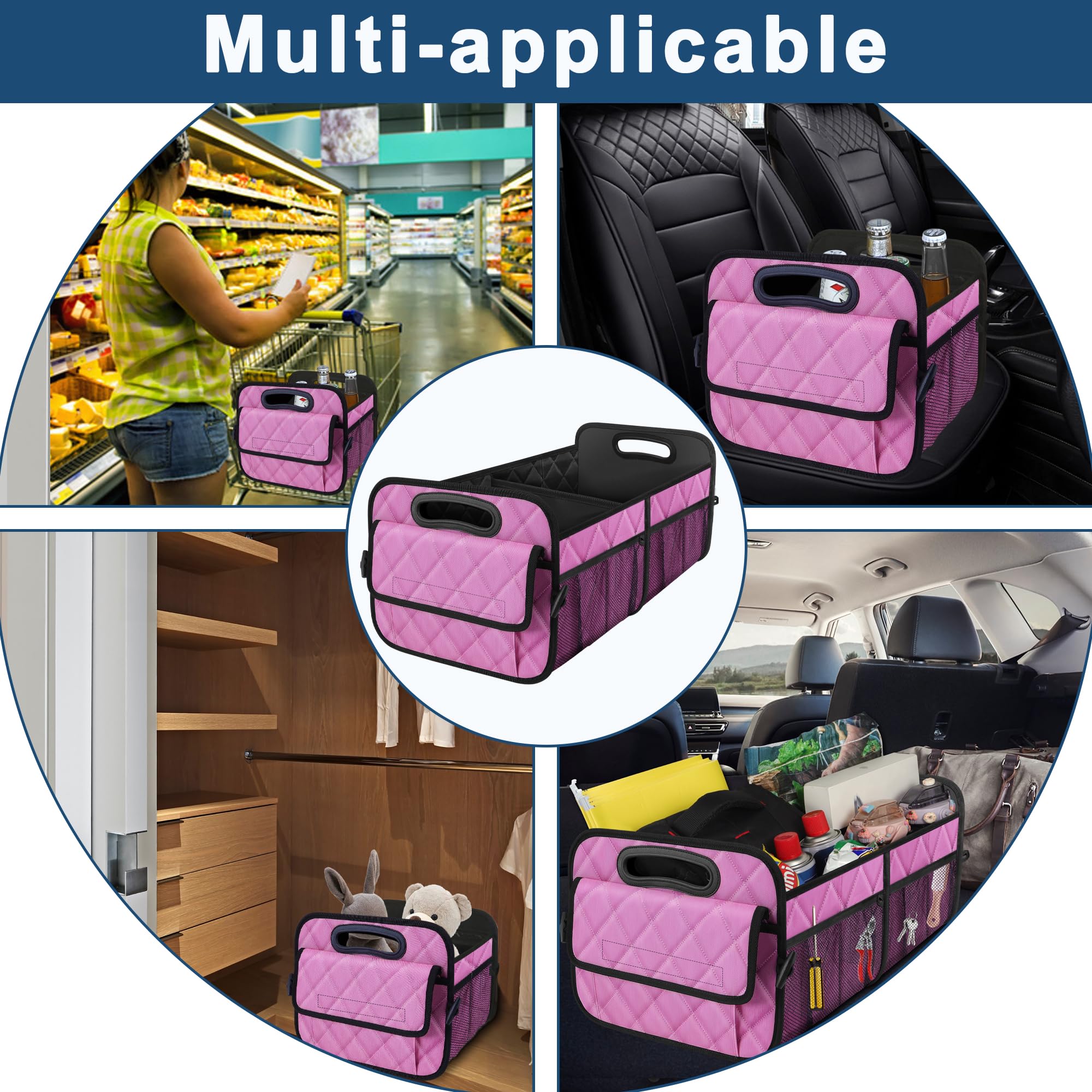 Deosk Car Trunk Organizer For Suv - 50L Waterproof Polyester Storage With 6 Big Pockets, Accessories For Women/Men (Medium, Pink