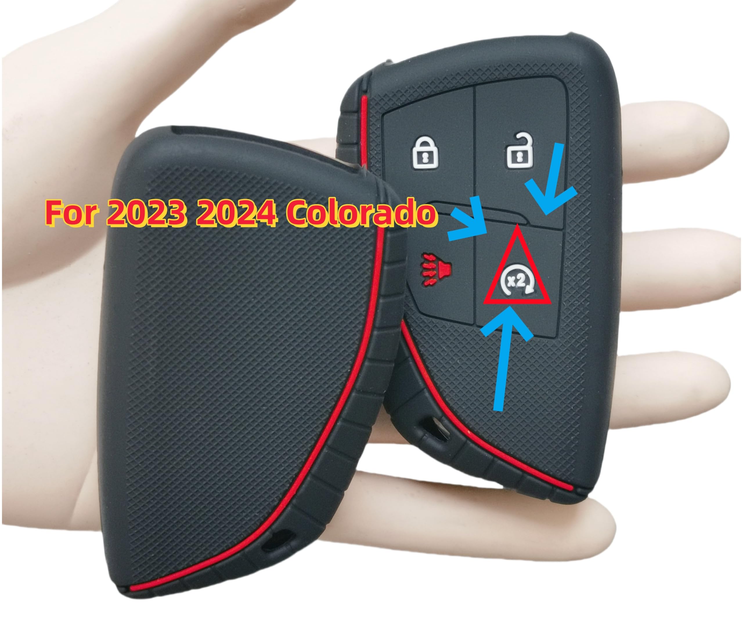 RUNZUIE 2Pcs 4 Buttons Silicone Smart Key Fob for 2023 2024 Chevy Chevrolet Colorado Key Fob Cover (Black with Red/White)