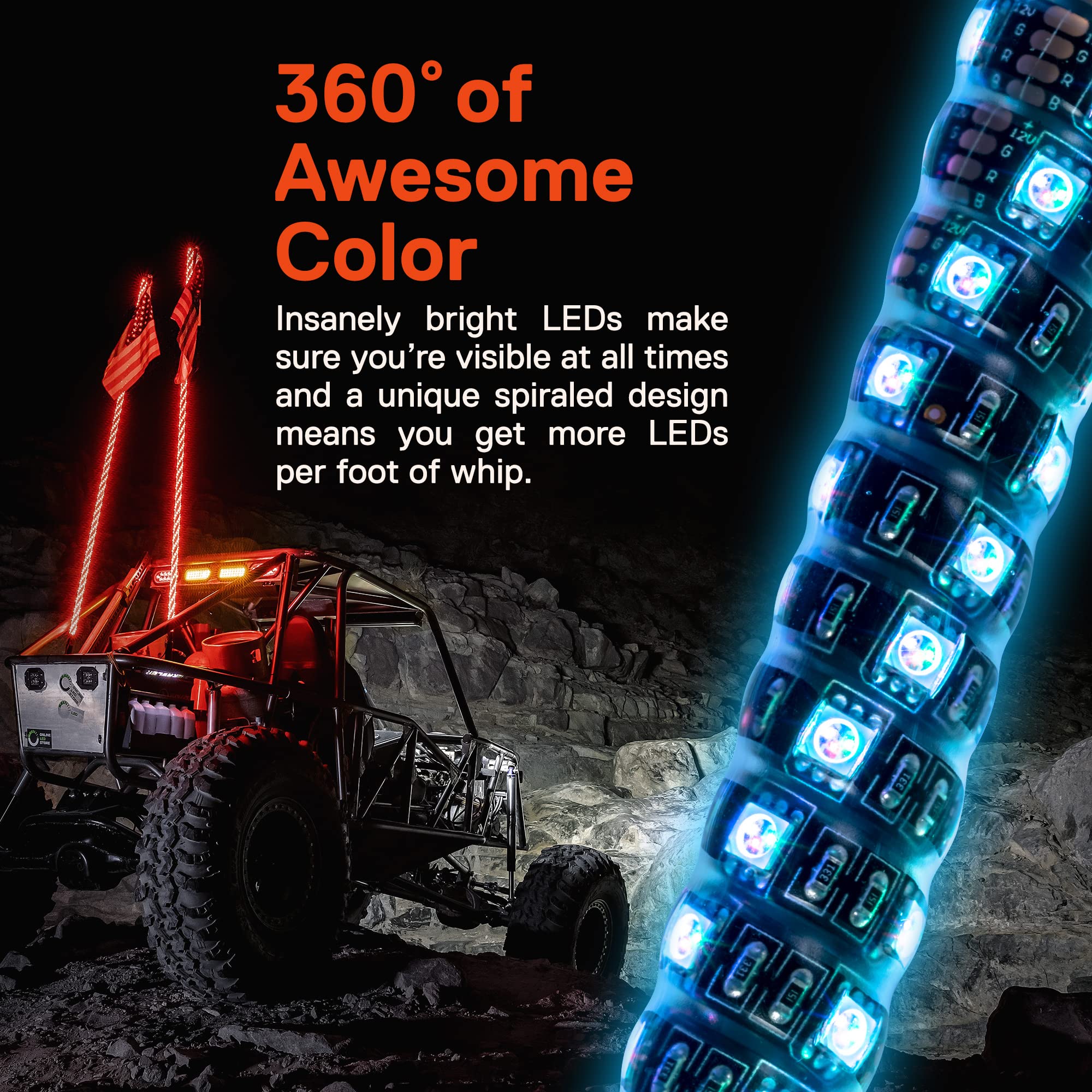 True Mods 1Ft Spiral Rgb Led Whip Light For Utv Atv [Rf Wireless Remote] Off Road Waterproof Led Lighted Whip Cb Antenna Pole St