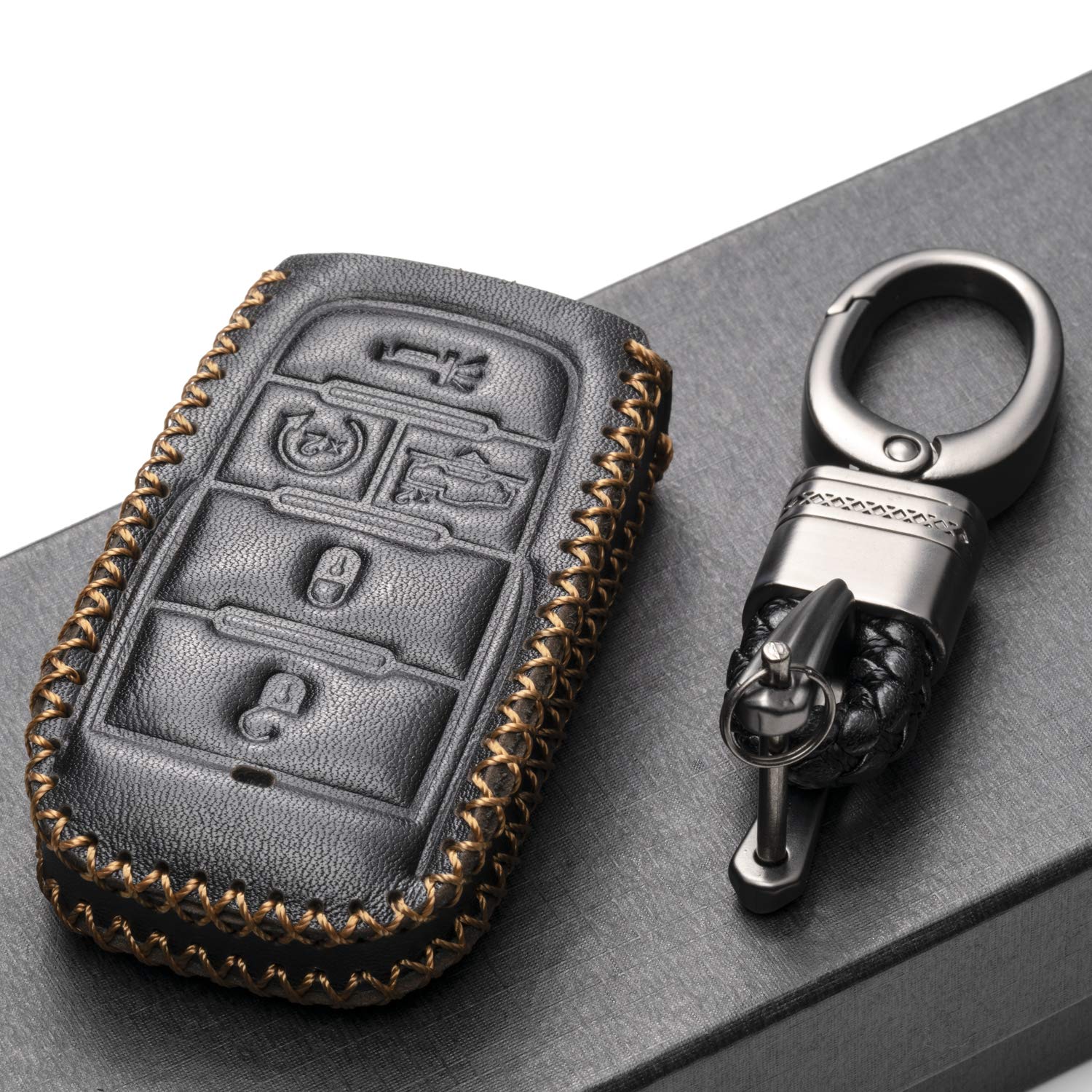 Vitodeco Genuine Leather Smart Key Fob Case Cover Protector Compatible With Ram 1500, Ram 2500, Ram 3500 2019-2025 (5-Button Wit