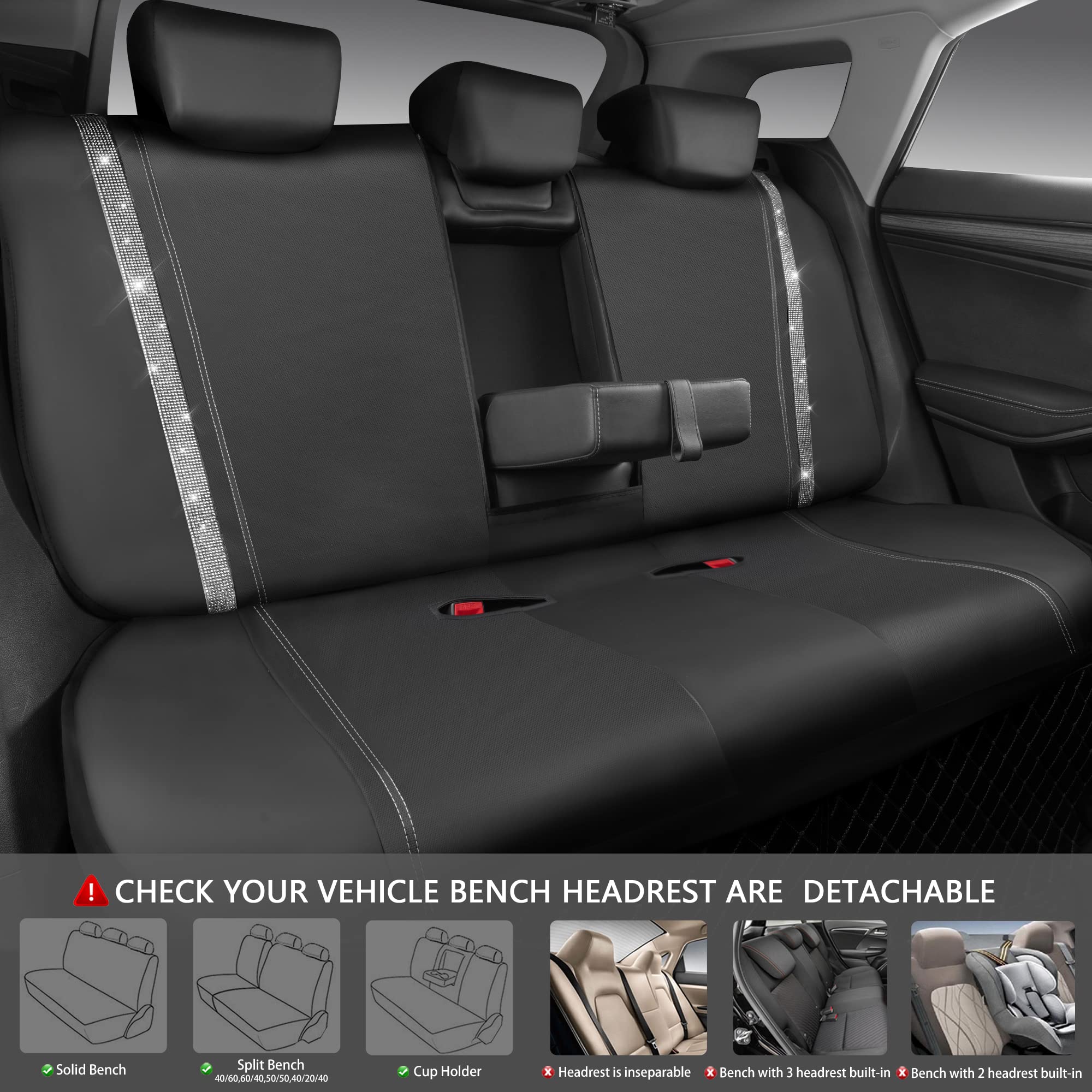 Car Pass Bling Car Seat Covers Full Set, Shining Rhinestone Diamond Waterproof Faux Leather, Rear With Zipper, Universal Fit Automotive Glitter Crystal Sparkle Strips For Cute Women Girl, Silver