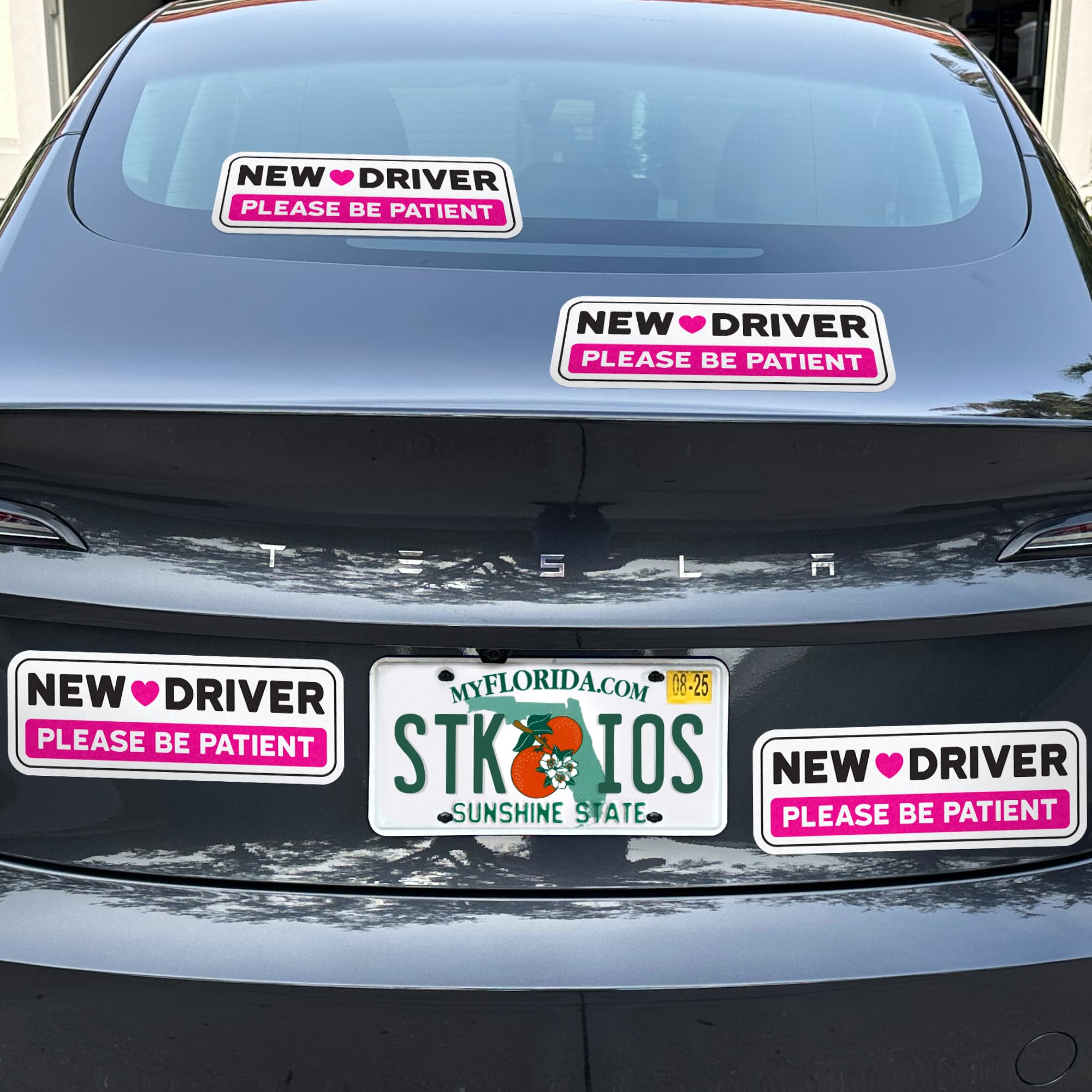 Stickios Non-Magnetic Pink New Driver Stickers - Removable Vinyl Decals for Cars & Windows - Made in USA (10.75x4 inches, 4-Pack