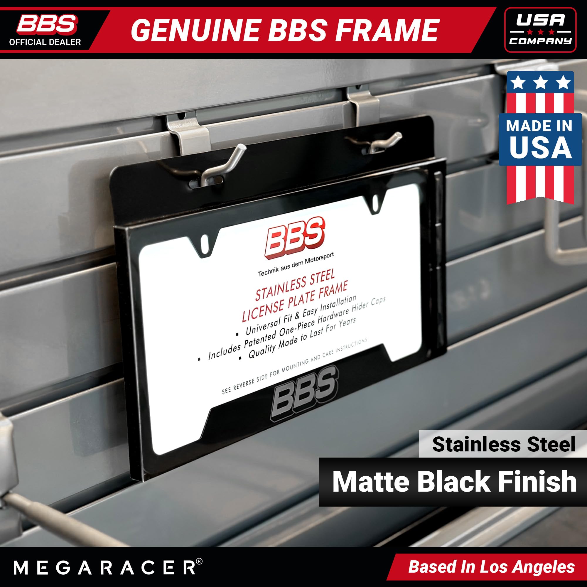 Mega Racer BBS License Plate Frame - Black Stainless Steel, 1Pc, Fits Car, Truck, SUV, Made in USA