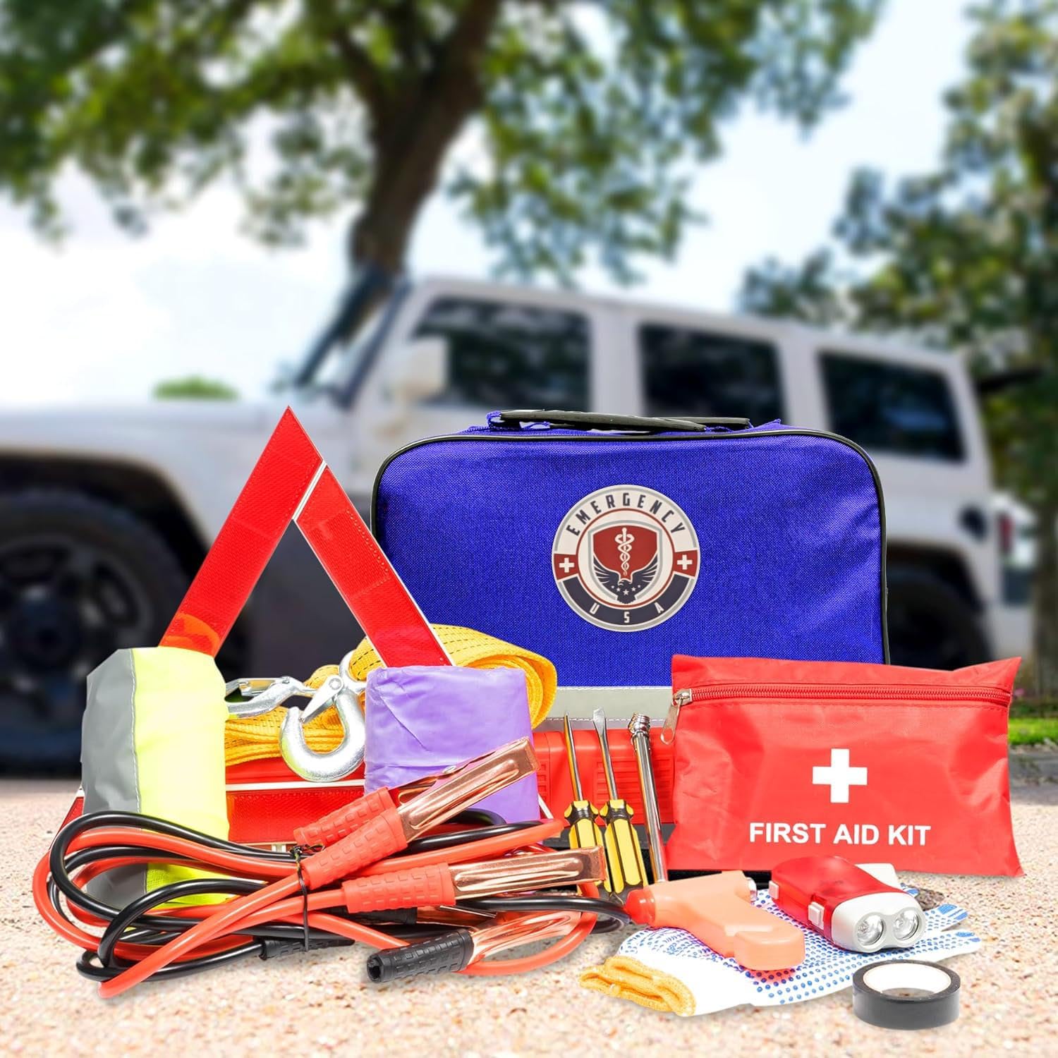 Roadside Car Emergency Kit - First Aid Set, Jumper Cables, Tow Strap, Led Flash Light, Rain Coat, Tire Pressure Gauge, Safety Ve