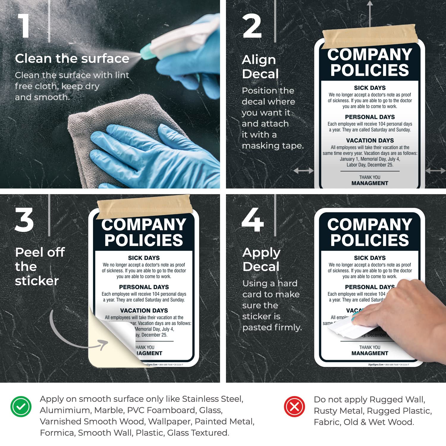 Company Policies Sign, Employees Break Room Decor, 10X7 Inches, 4 Mil Vinyl Decal Stickers Weather Resistant, Made In Usa By Sigo Signs