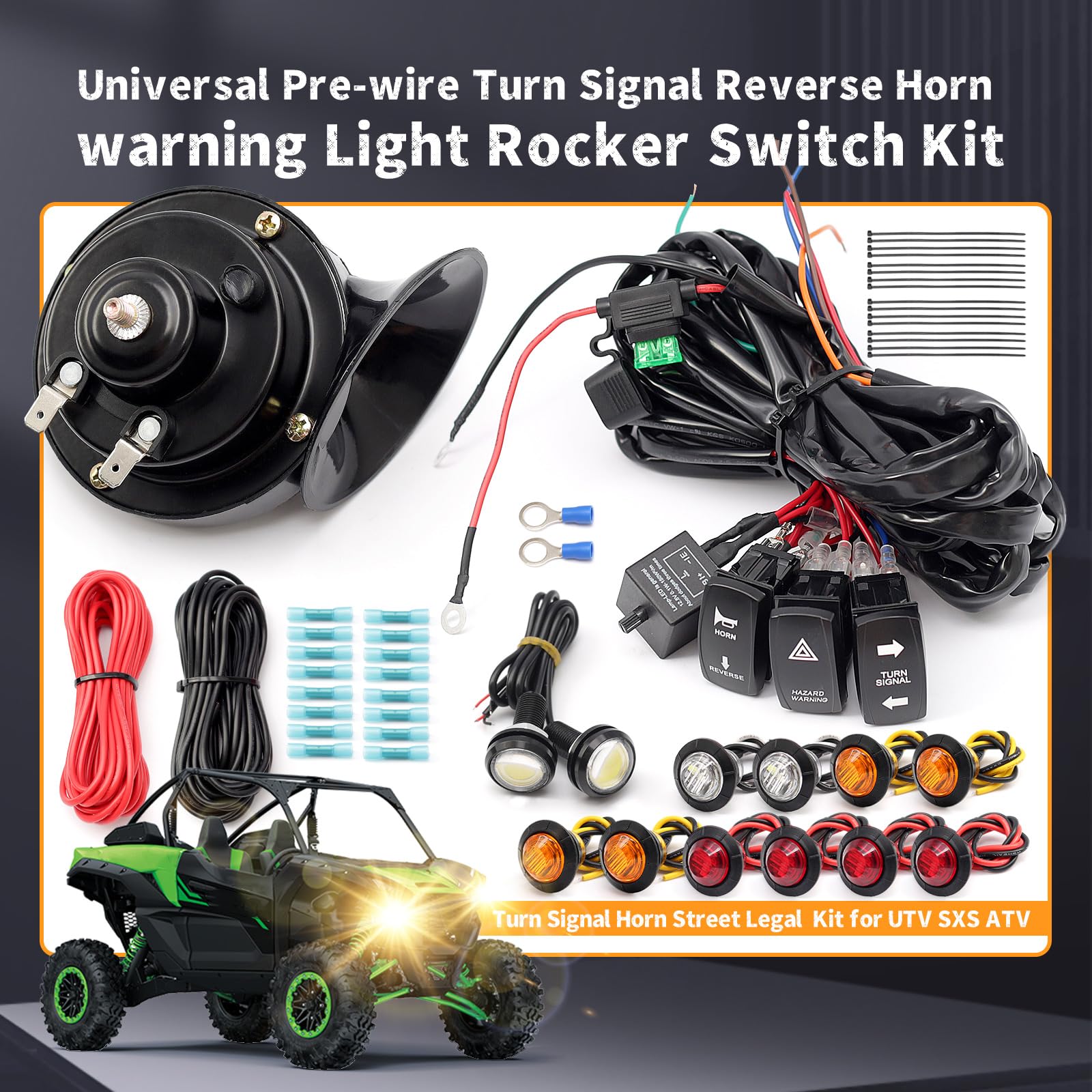 Erchon Pre-Wired Atv Utv Turn Signal Horn Kit,Universal Street Legal Kit Warning Light Rocker Switch Kit With 1Horn Reverse Ligh