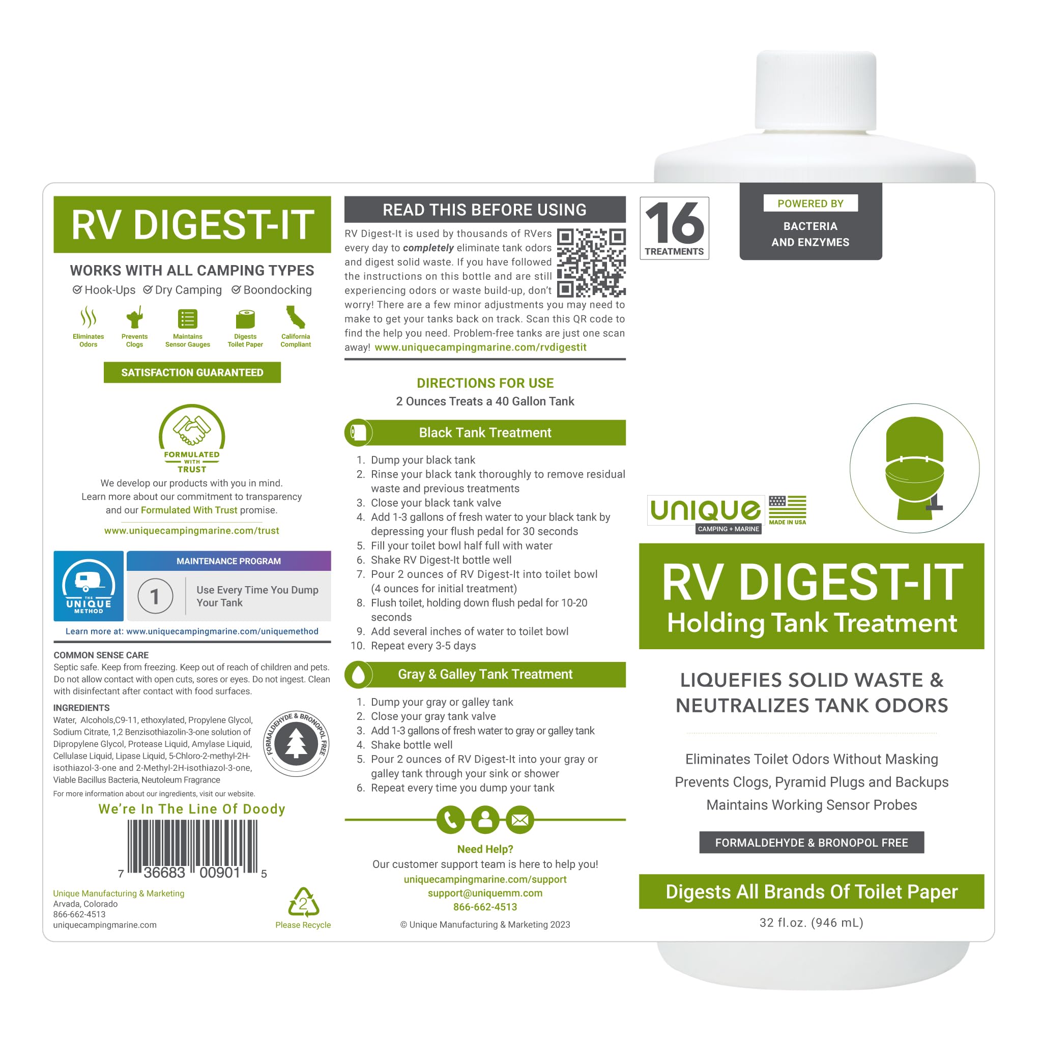 Unique Rv Digest-It Classic Rv Toilet Treatment - Eliminates Odors At The Source And Liquifies Waste - 16 Uses Per Bottle 32 Oz
