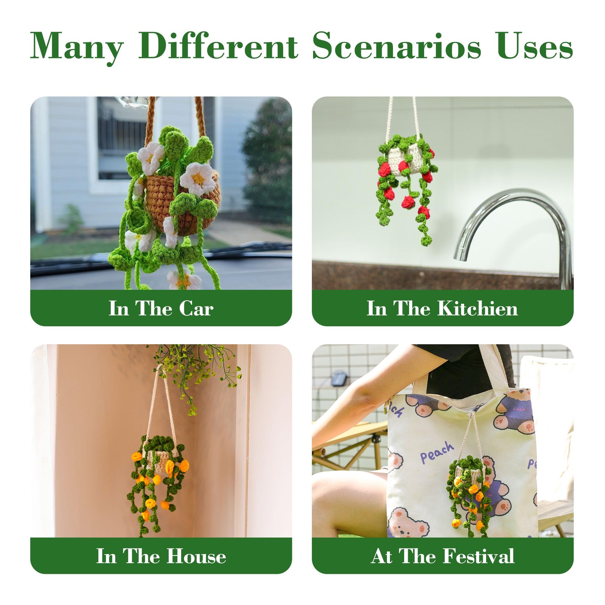 Cute Potted Plants Crochet Hanging Car Accessories Crochet Pendant Rear View Mirror Accessories Swing Car Decoration For Women M
