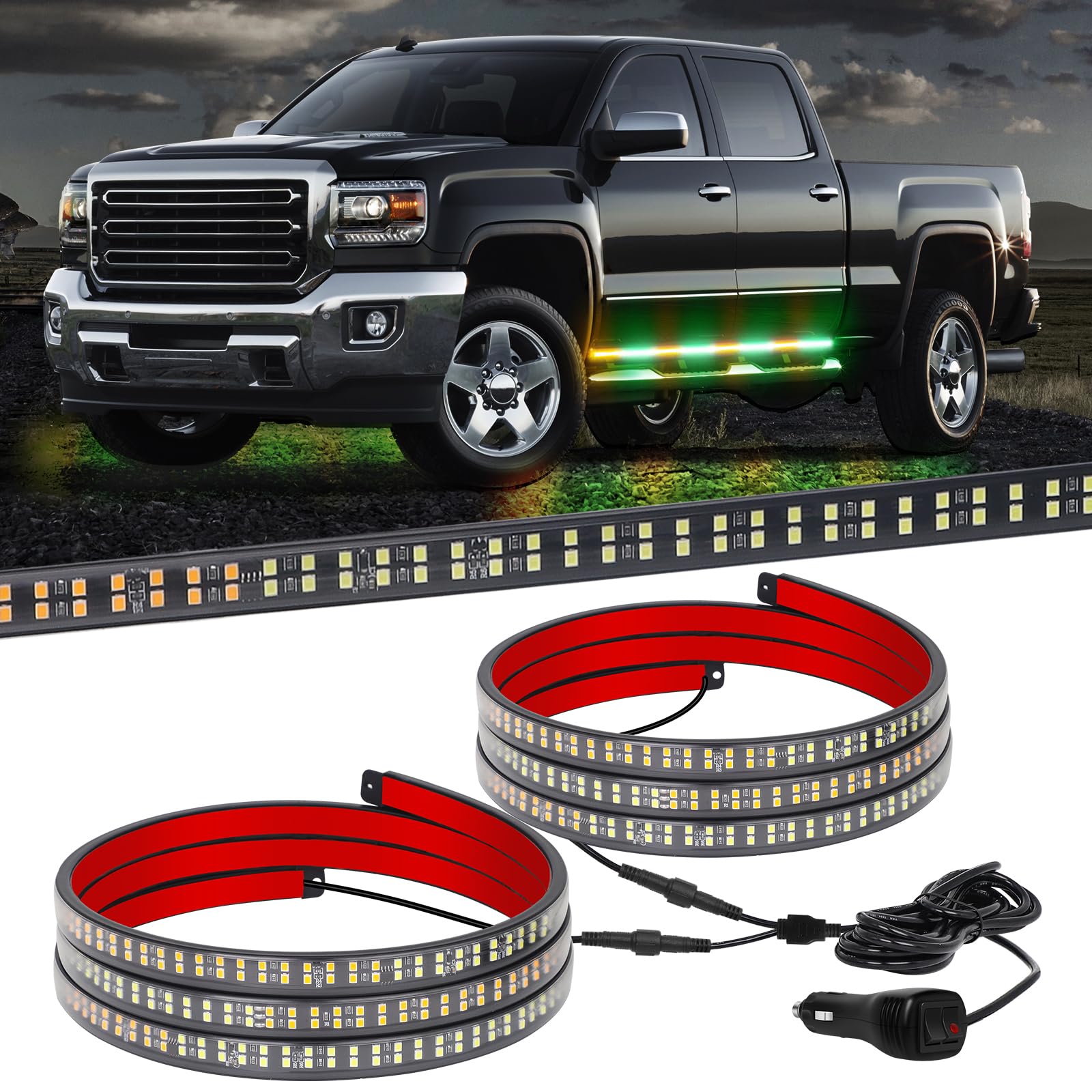 Xridonsen 2Pcs 70 Inch Truck Amber Green Emergency Lights Strip 864 Led Running Board Strobe Lights Bar Firefighter Lights Flash