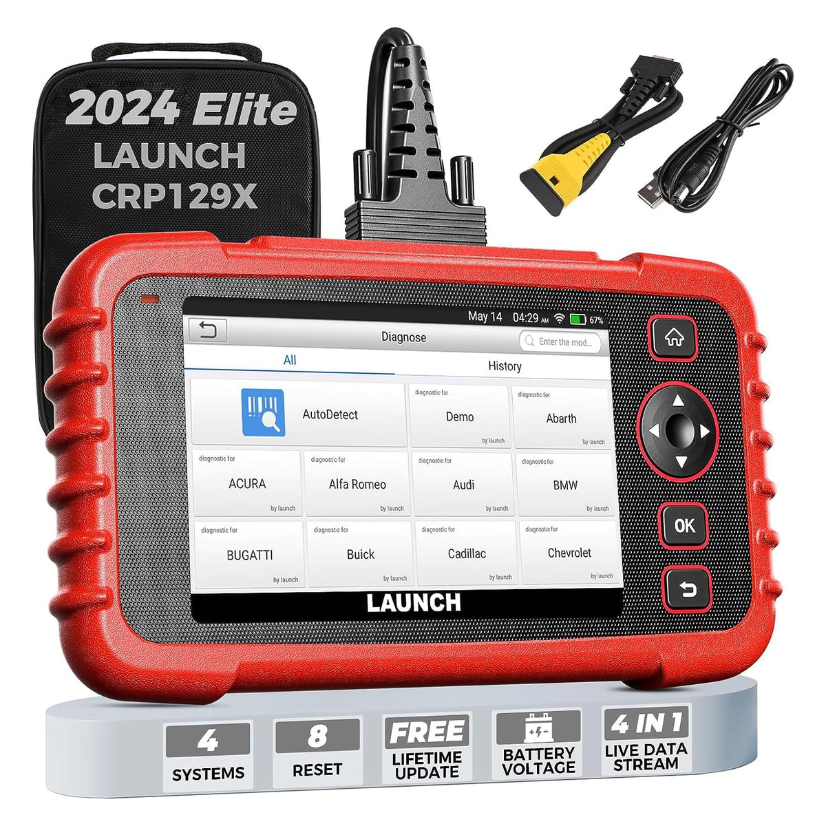 Launch Crp129X Elite Obd2 Scanner,2024 Lifetime Free Online Update Scan Tool,8 Reset Epb/Sas/Tpms/Bms/Throttle/Oil Reset, Inject