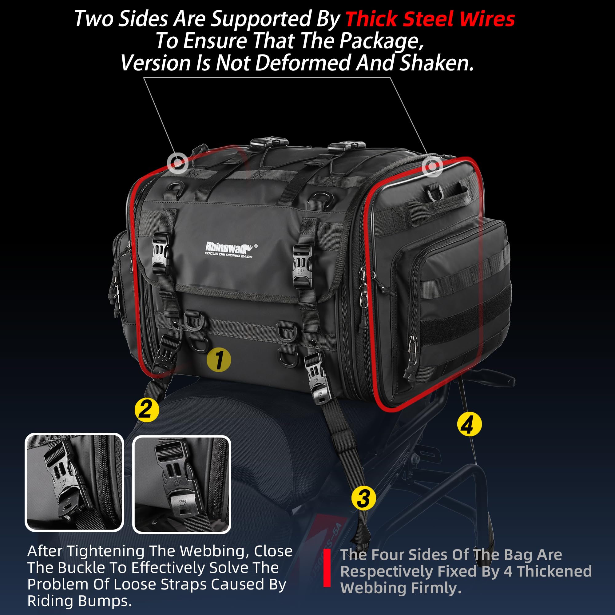 Rhinowalk Motorcycle Tail Bag, Expandable Motorcycle Travel Luggage Bags 80L, Waterproof All-Weather Trunk Rack Bag With Sissy B