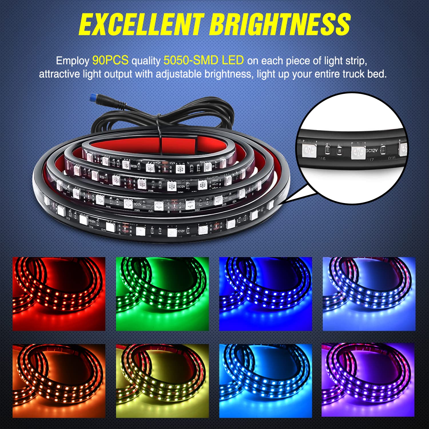 Nilight 3Pcs 60 Inch Rgb Truck Bed Light Strip Kit 270 Led Neon Accent Lights With Rf Remote On Off Switch Splitter Extension Ca