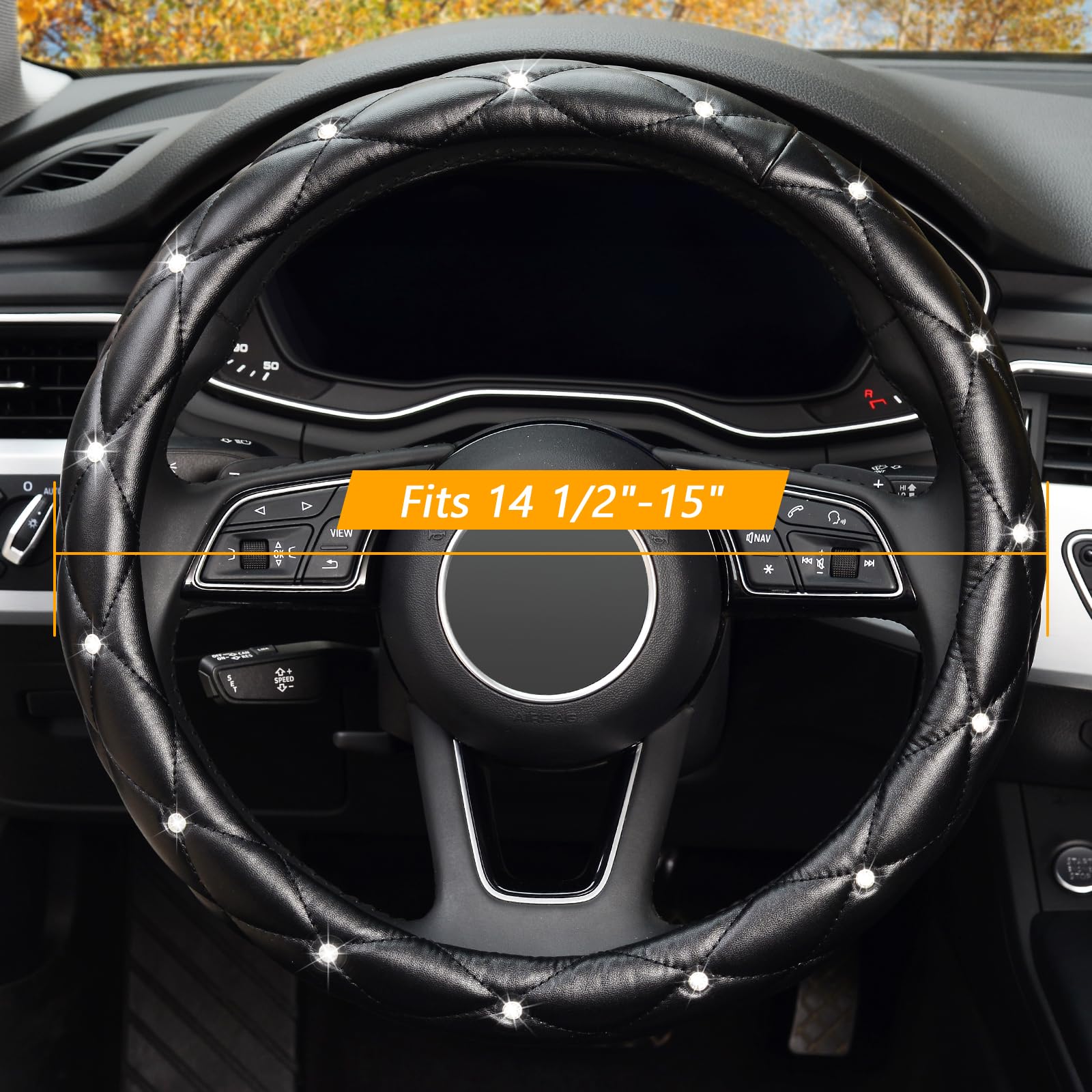 Kafeek Diamond Soft Leather Steering Wheel Cover With Bling Bling Crystal Rhinestones, Universal 15 Inch Anti-Slip, Car Interior