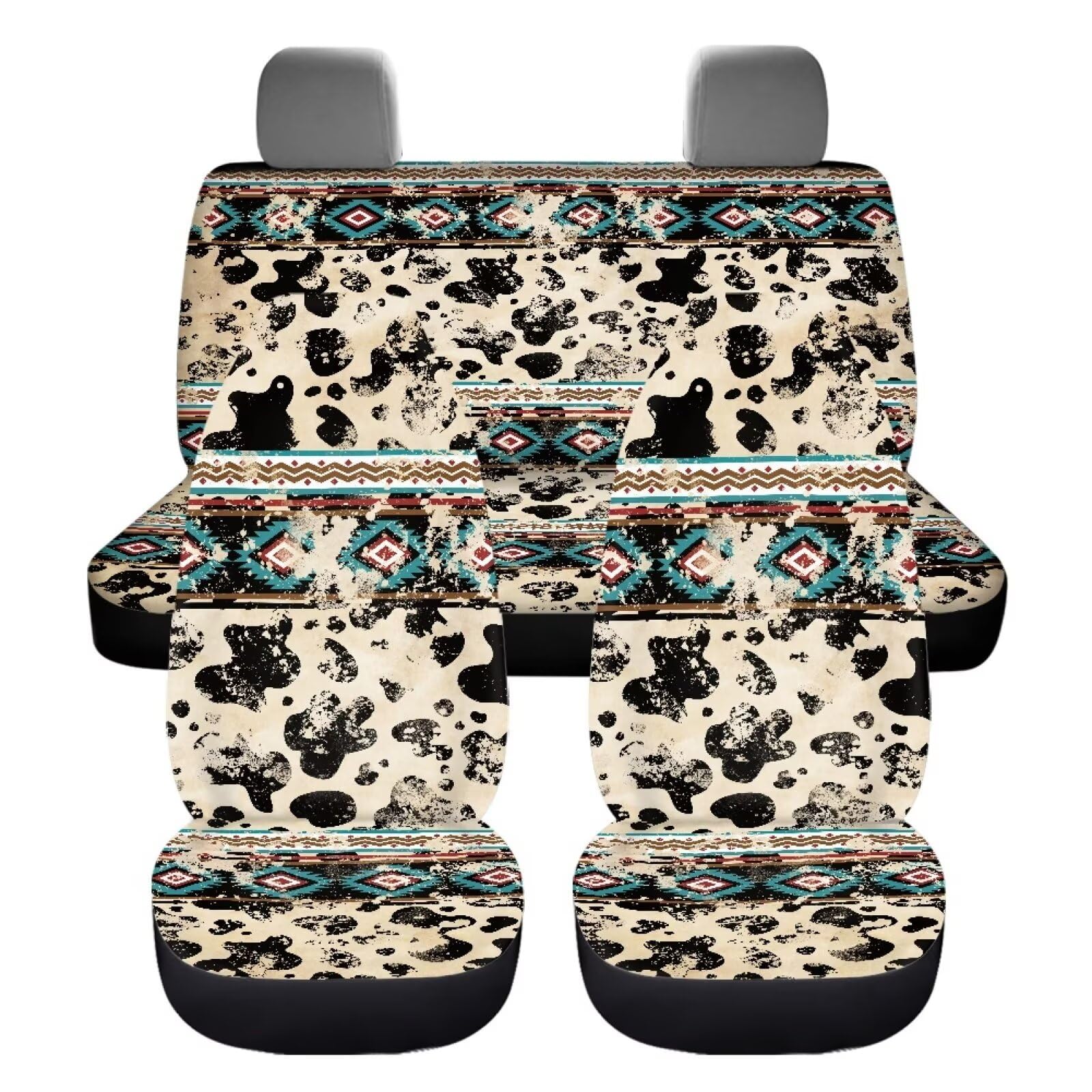 KEIAHUAN Aztec Tribal Cow Theme Car Seat Covers Breathable Anti-Slip Auto Seat Protector Front Seat Cover and Rear Bench Cover f