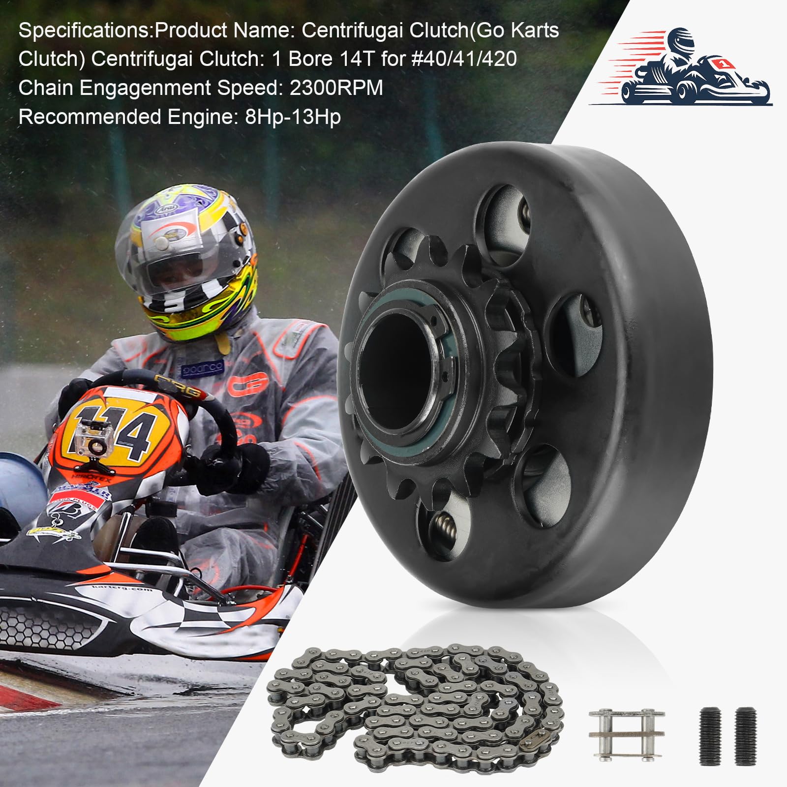Go Kart Clutch 1'' Bore 14T With 3 Feet #40/41/420 Chain, Centrifugal Clutch Fit For Minibike Mini Motorcycles 2-6.5Hp 212Cc Eng
