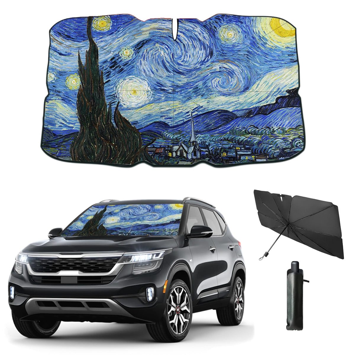 Coricha Windshield Sun Shade Van Gogh Starry Sky Umbrella for Car Front Window Sun Visor 2025 Car Summer Accessories 100% Blacko