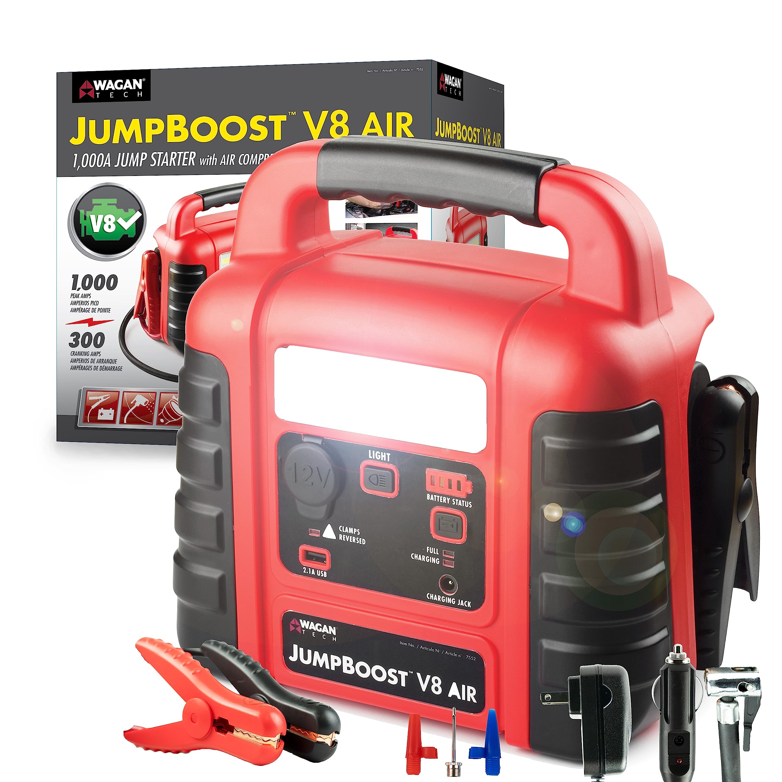 Wagan EL7552 Jumpboost V10 Air 1000 Peak Amps 12V Jump Starter with 260 PSI Powerful Air Compressor Tire Inflator, 1 Built-in DC