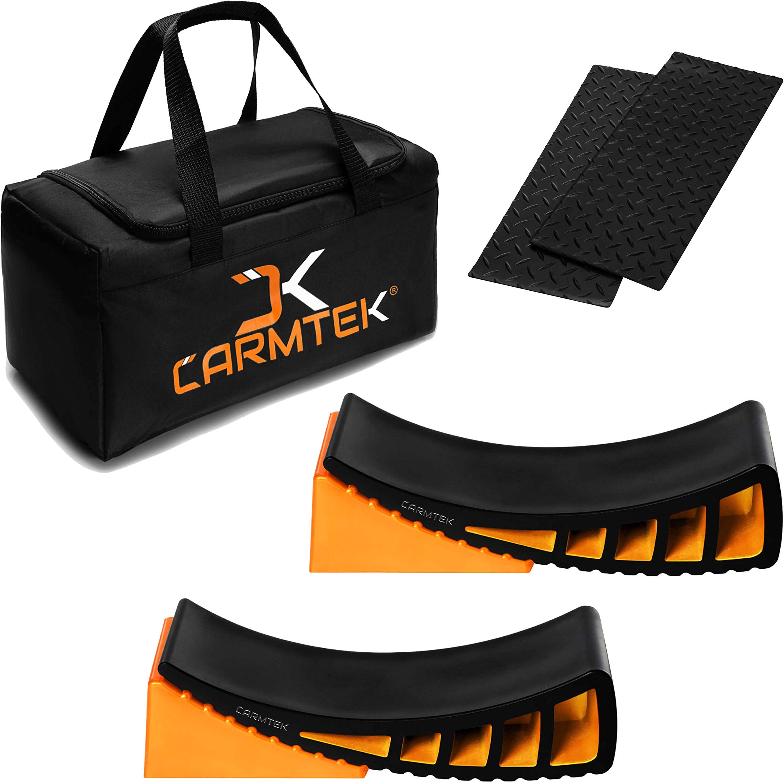 Carmtek Camper Leveler Premium Kit - Curved Rv Levelers With Camper Wheel Chocks, Rubber Mats And Carry Bag | Faster Camper Leveling Than Rv Leveling Blocks
