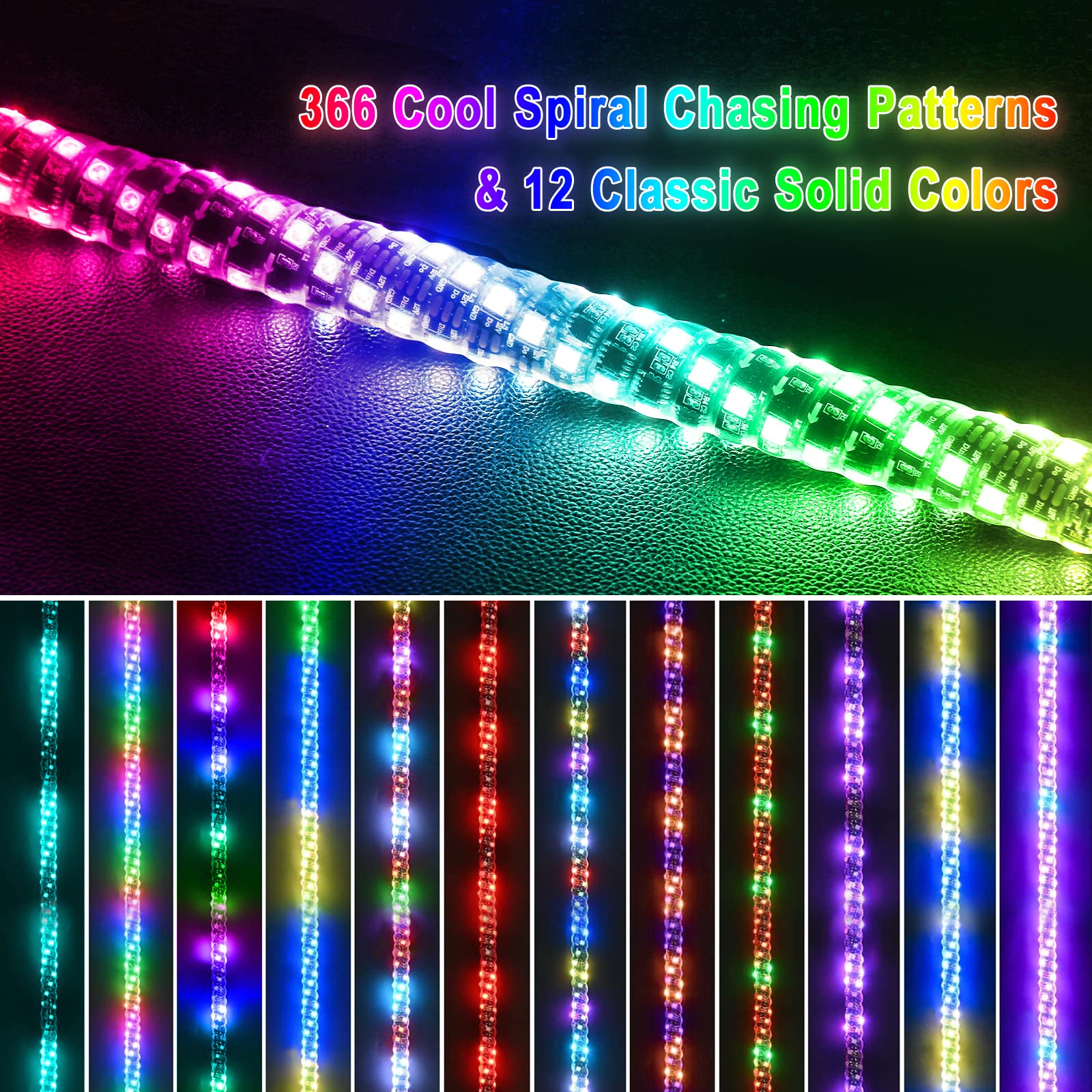 SAFEBAO 3FT-2PC LED Whip Lights for UTV, RGB Multi-Color, Remote Control, APP-Supported, Model TS-228-3FT-2PC