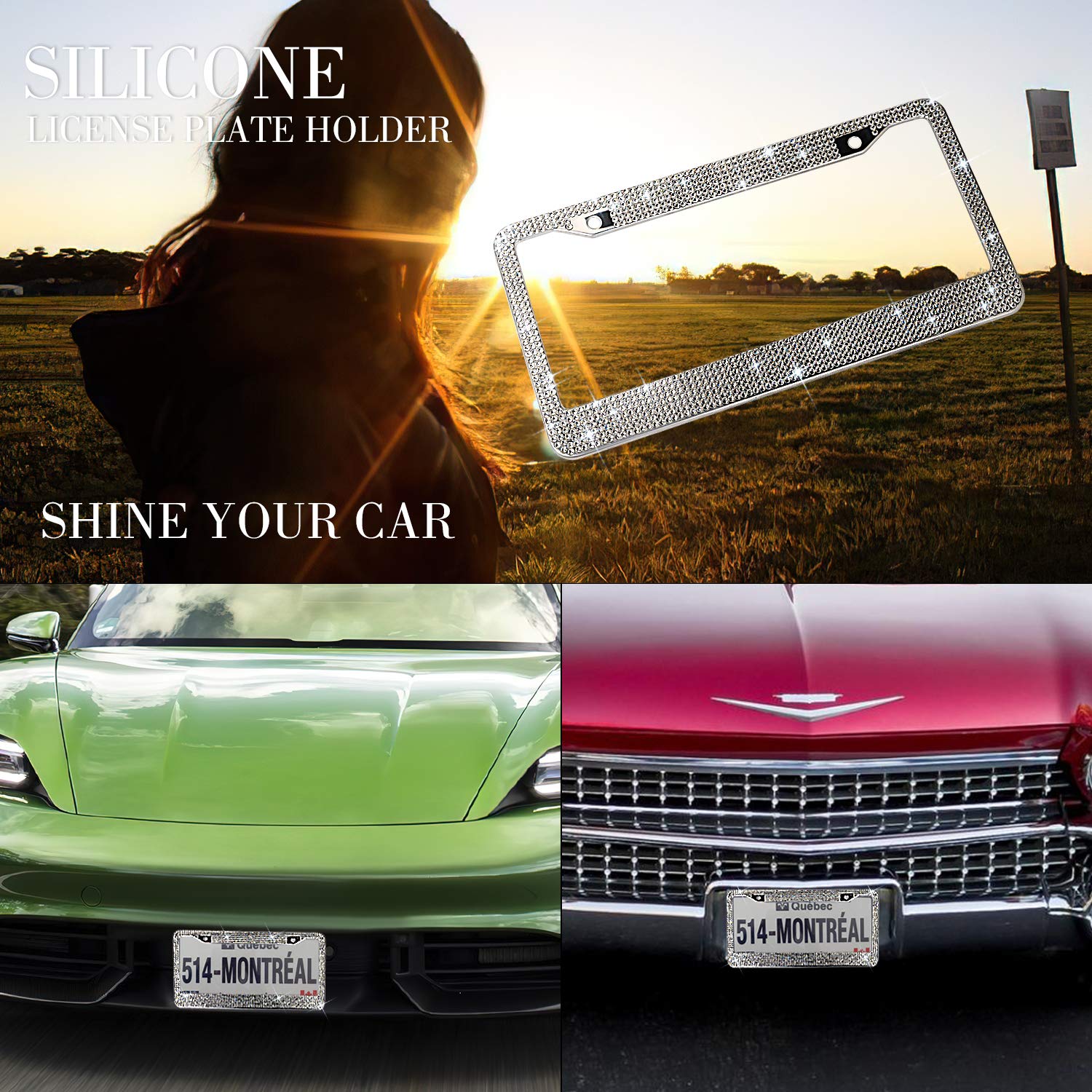 Oklpf Bling License Plate Frame For Women, White Sparkly Stainless Steel License Plate Frames| Over 1200 Pcs 14 Facets Bedazzled