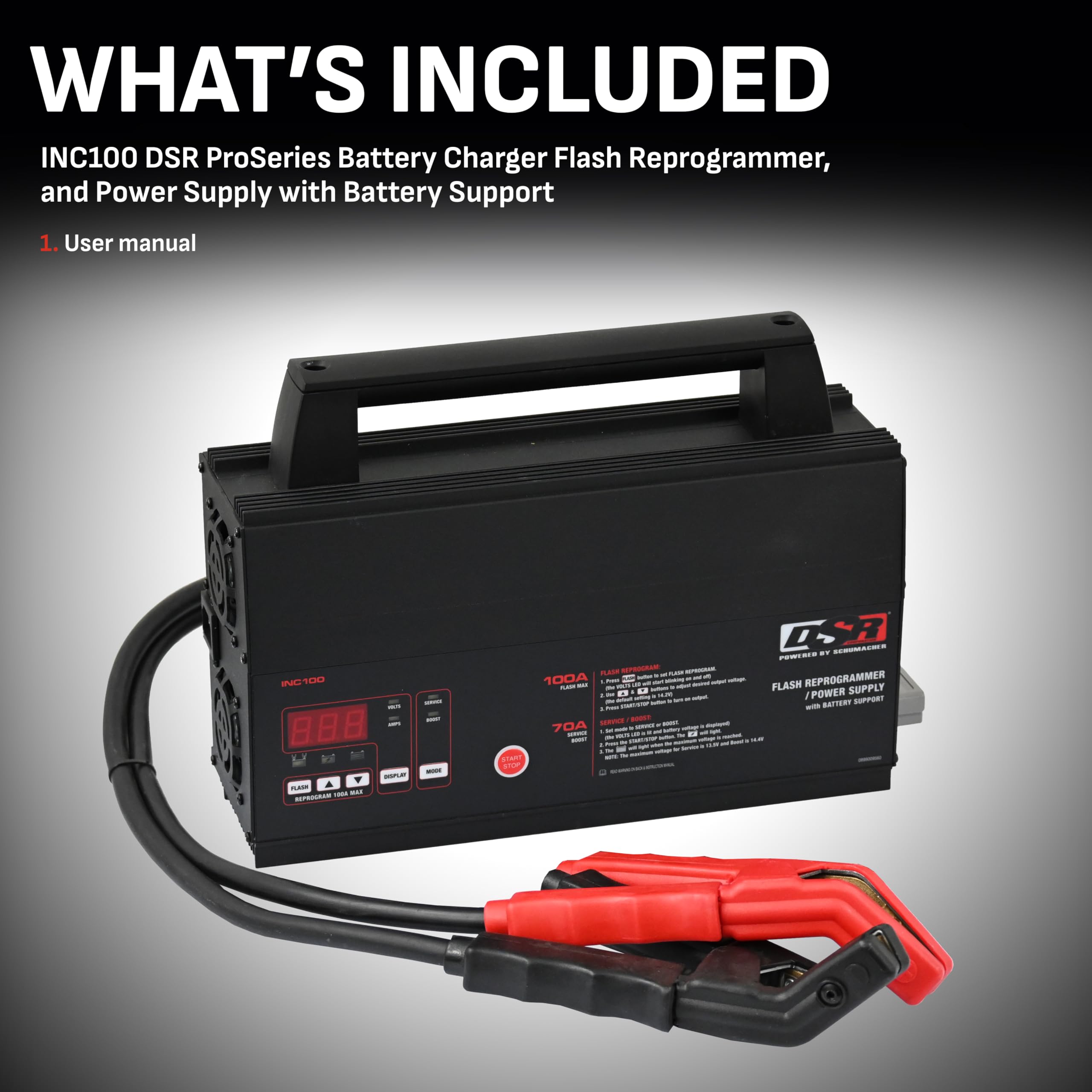 Schumacher Electric Dsr Proseries Inc100 Fully Automatic Battery Charger And Flash Reprogramming Power Supply With Service Mode, 100 Amps, 12 Volts, Black, 1 Unit