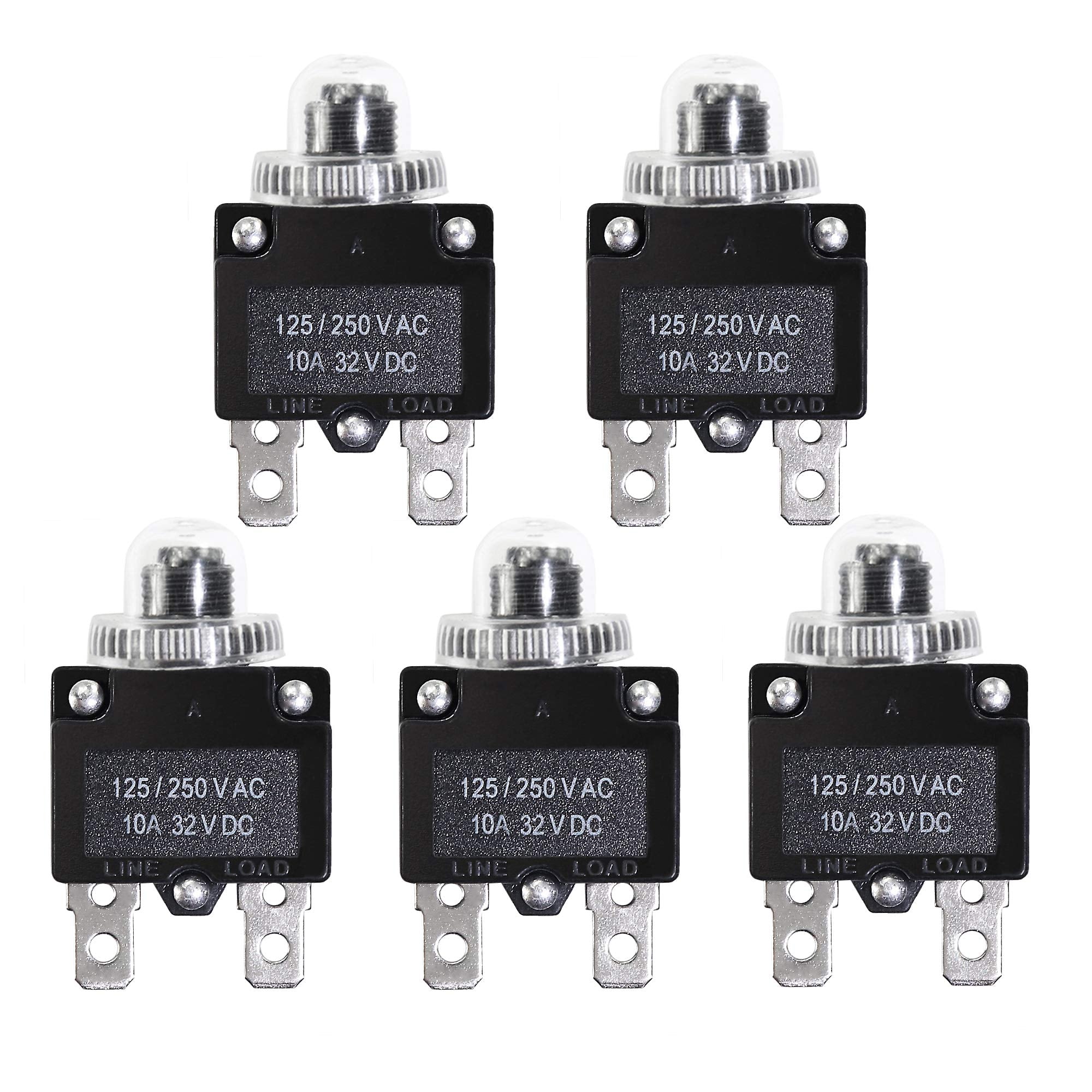 Fuzbaxy 5Pcs 10Amp Circuit Breakers With Manual Reset 32Vdc,Ac125-250V With Quick Connect Terminals