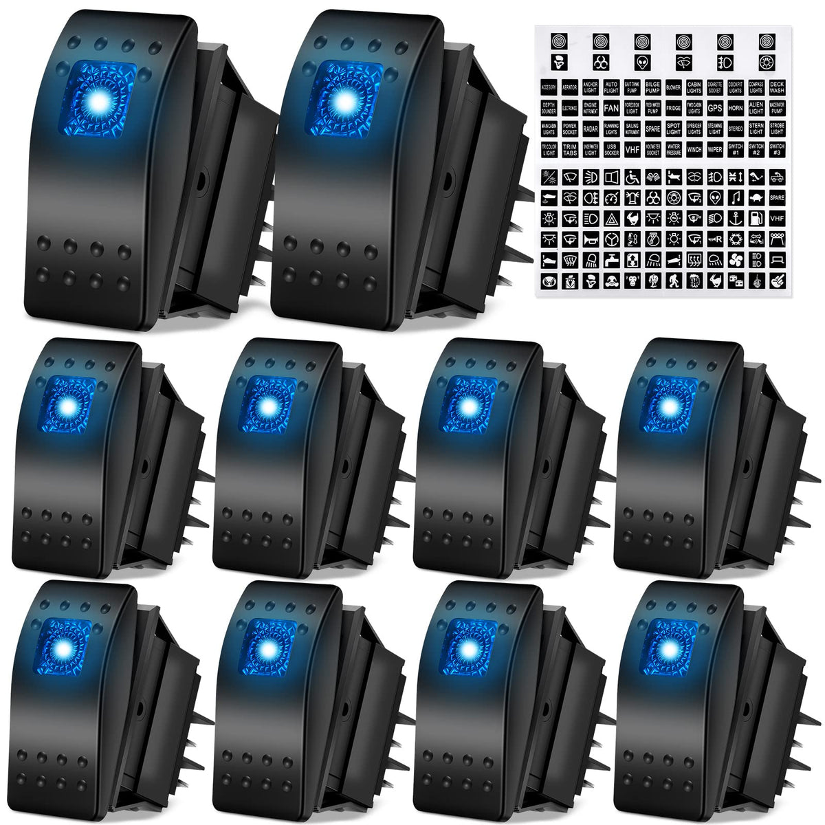 10 Pcs 12V 24V Toggle Switch Spst Dashboard 4 Pin Rocker Switch Blue Lighted Led Boat Switch Marine Switches Waterproof With Nig