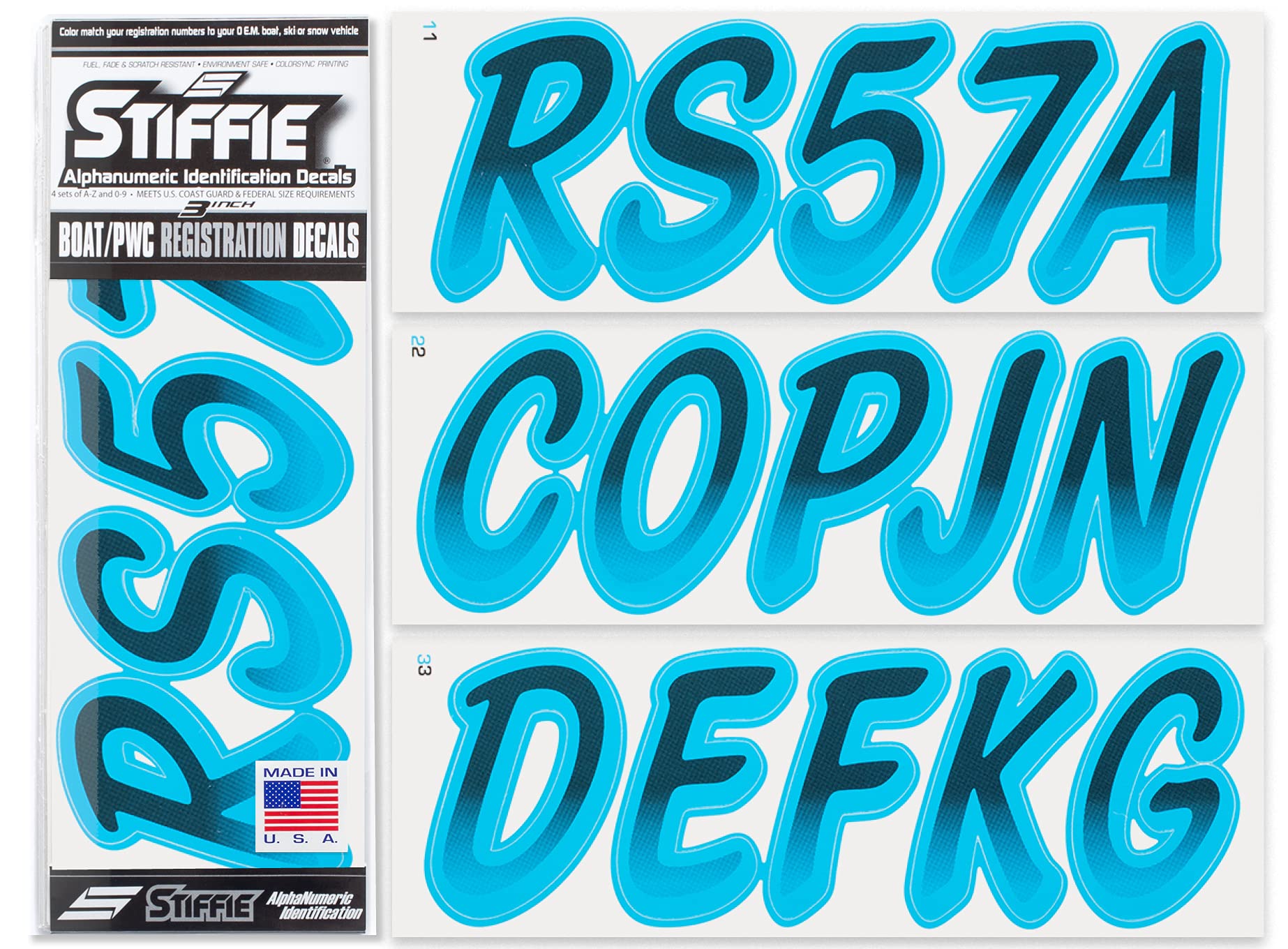STIFFIE Whipline Black/Sky Blue 3'' Boat & PWC Registration Decals  Numbers Letters Stickers
