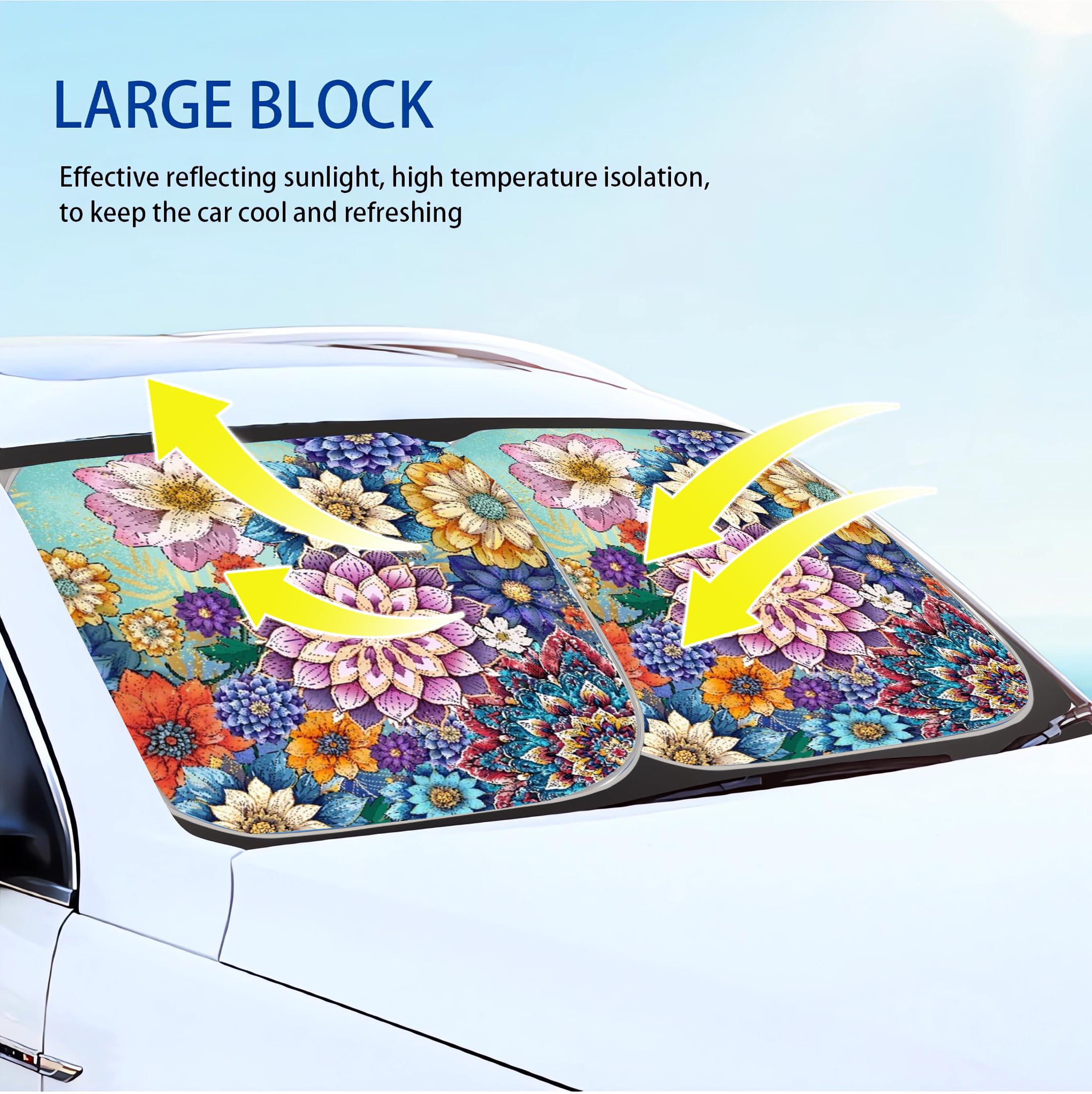 Huisefor Boho Windshield Sunshade Mandala Flower Windshield Shade 2-Piece Foldable Car Front Window Sunshade Uv Ray Sun Visor Pr
