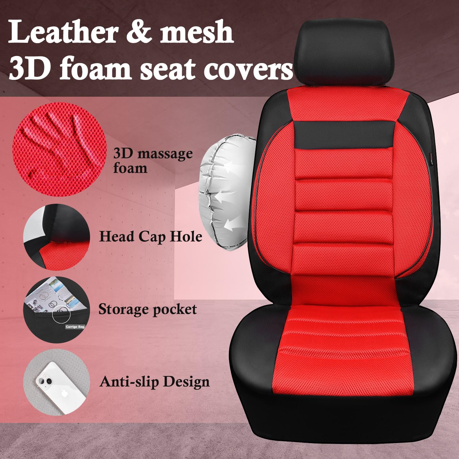 Car Pass 3D Foam Leather Car Seat Covers Two Front Seats Only, Air Mesh Thick Seat Covers, All Weather Car Seat Cover Comfort &