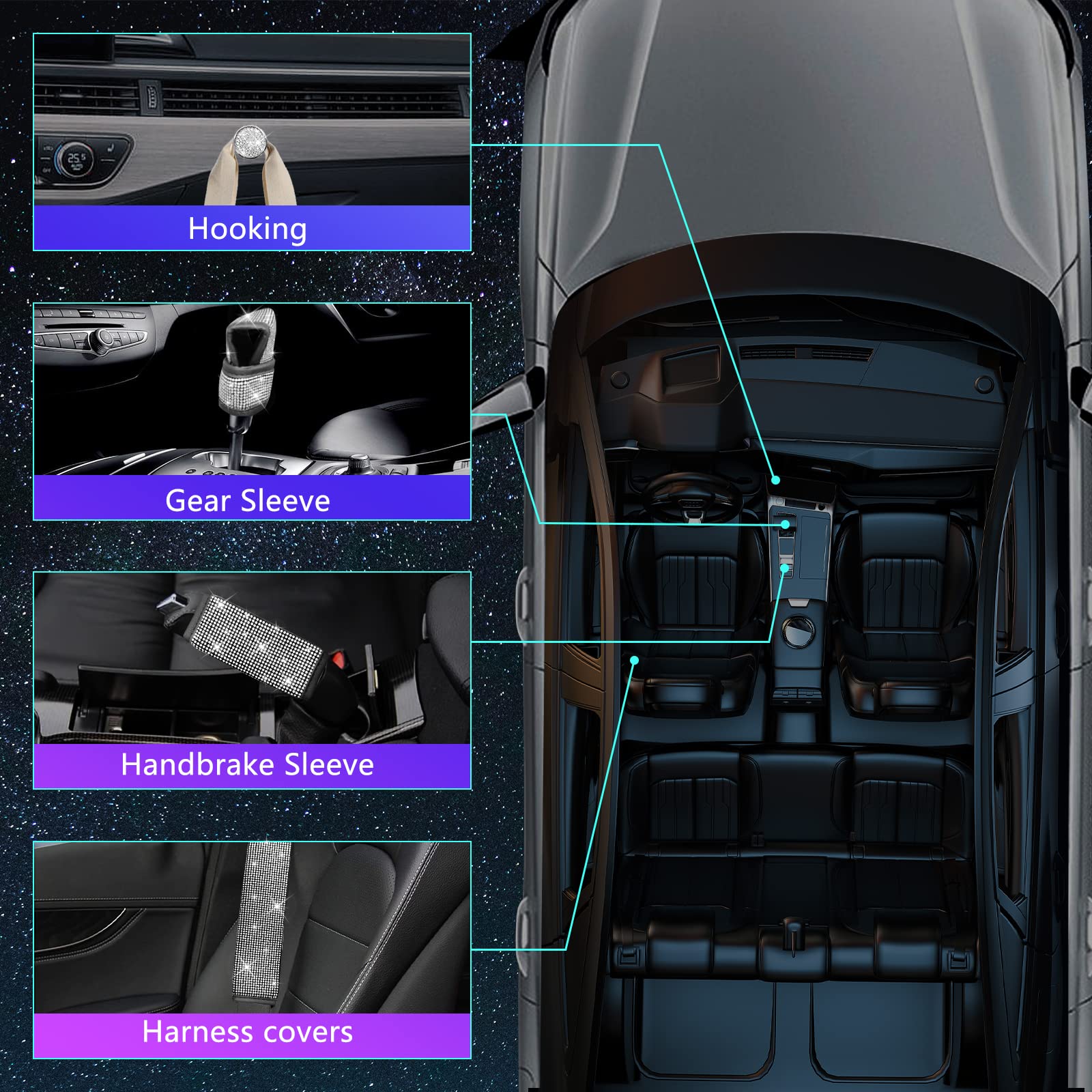 Jingsen 25Pcs Bling Car Parts Set, Car Parts Set Female Plug Universal 15 Inch, Shiny License Plate Frame, Center Console Cover