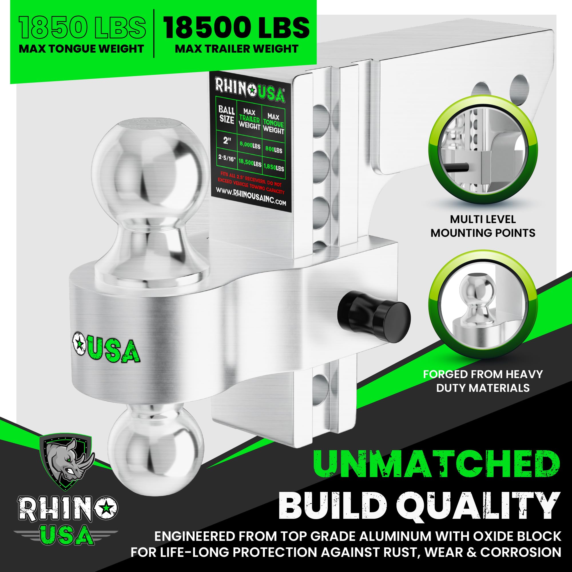 Rhino USA Adjustable Trailer Hitch - Heavy Duty Aluminum, 2.5" Receiver, 6" Drop/Rise, 18,500 LBS GTW, Weatherproof Locking Pins, Br
