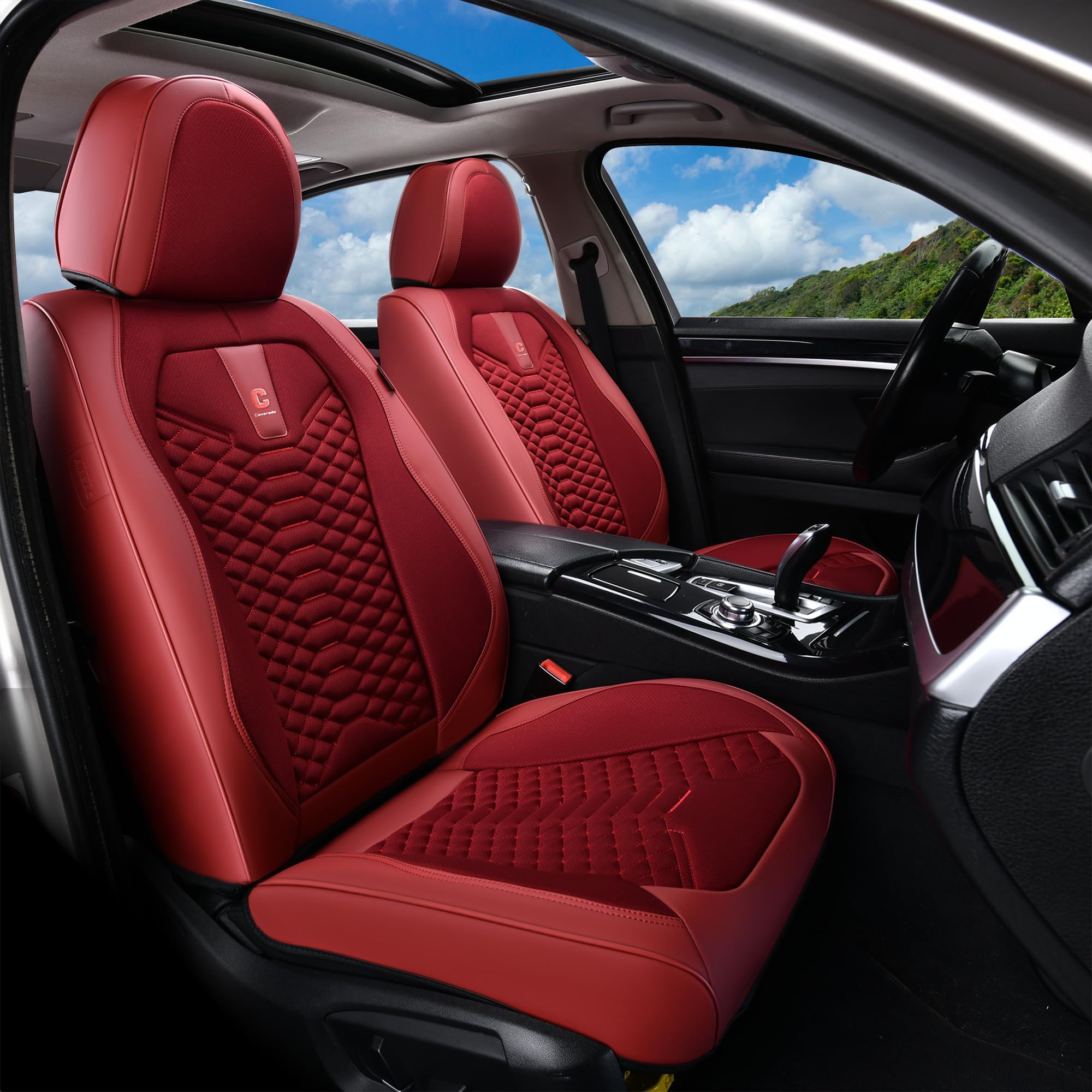 Coverado Car Seat Covers Full Set, Red Seat Covers For Cars 5 Seats, Breathable Fabric& Faux Leather Car Seat Cushions, Front An