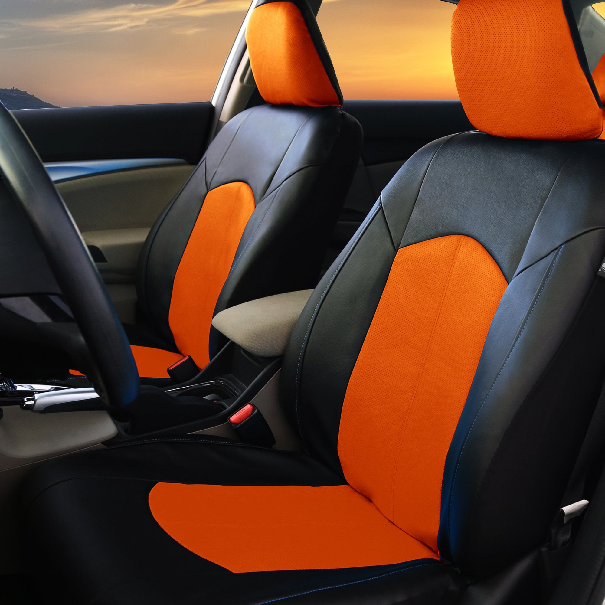 FH Group Automotive Seat Cover Highest Grade Faux Leather Orange Black Full Set, Combo Car Seat Cover Design Airbag Compatible S