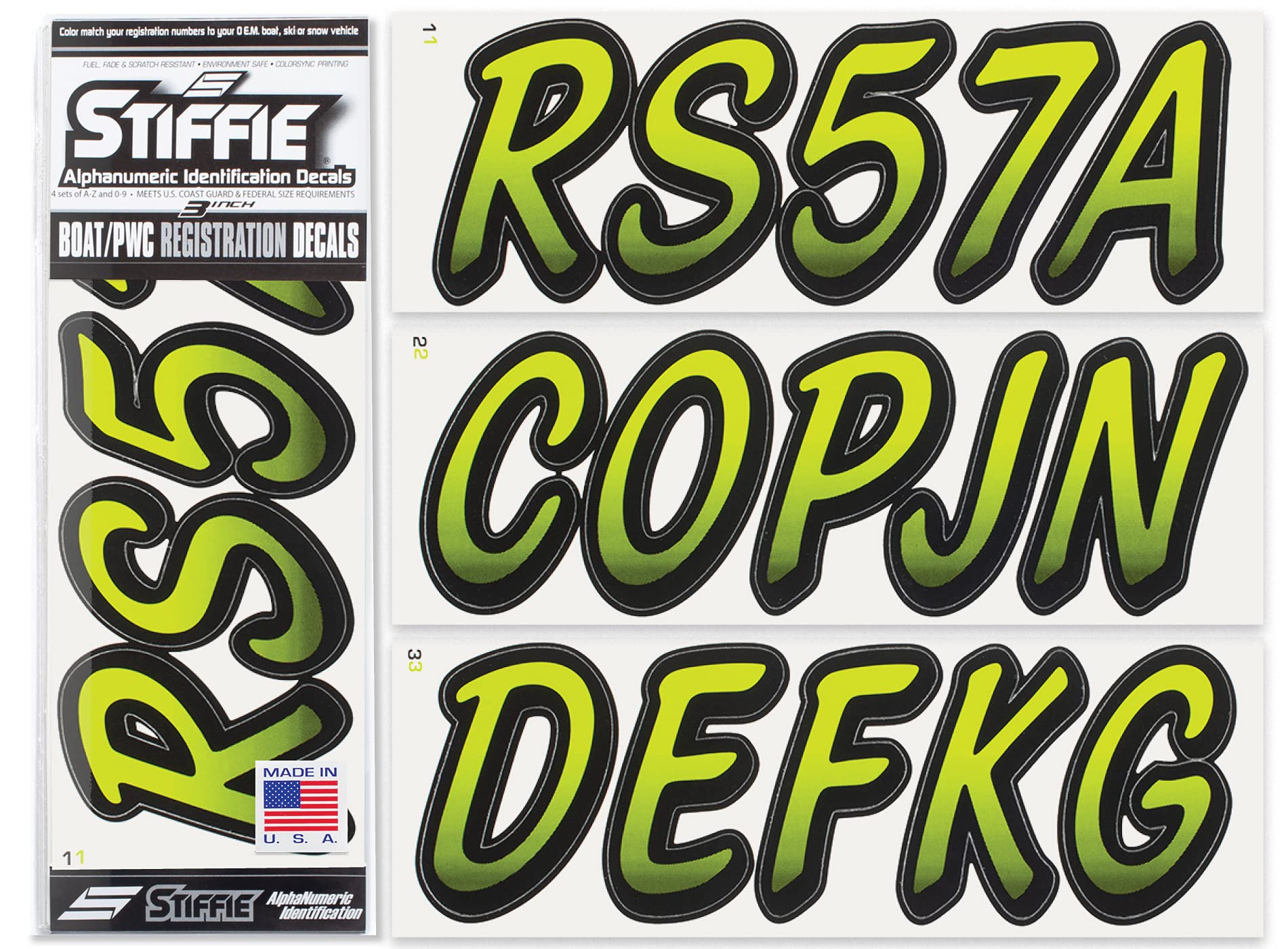 STIFFIE Whipline Atomic Green/Black 3'' Boat & PWC Registration Decals  Numbers Letters Stickers